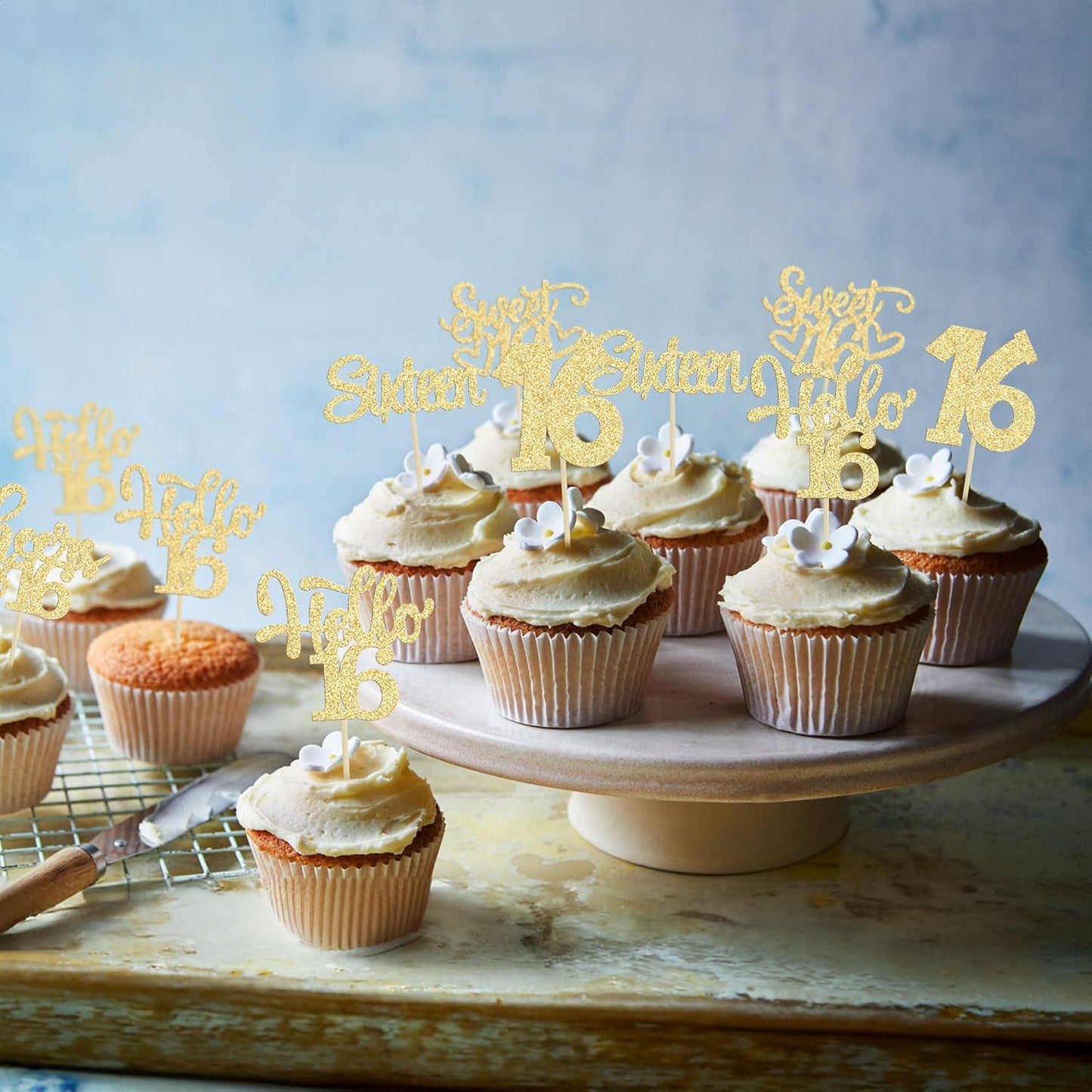 30pcs 16th Birthday Cupcake Toppers - Sixteen Happy 16th Cupcake Picks - Cheers to Sweet 16 Cake Decorations - Gold Glitter