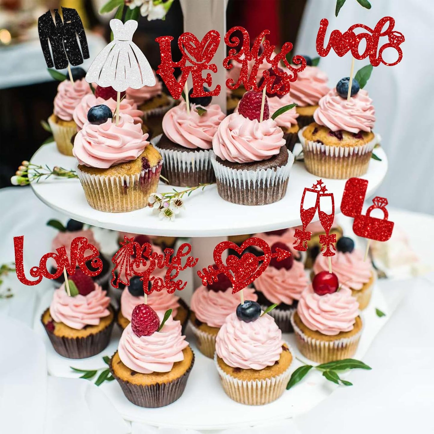 Ephlyn 30Pcs Bride to be Cupcake Toppers Glitter Wedding Cake Topper Decorations I Do Love Heart Ring Cupcake Picks for Bridal Shower Wedding Engagement Party Supplies Red