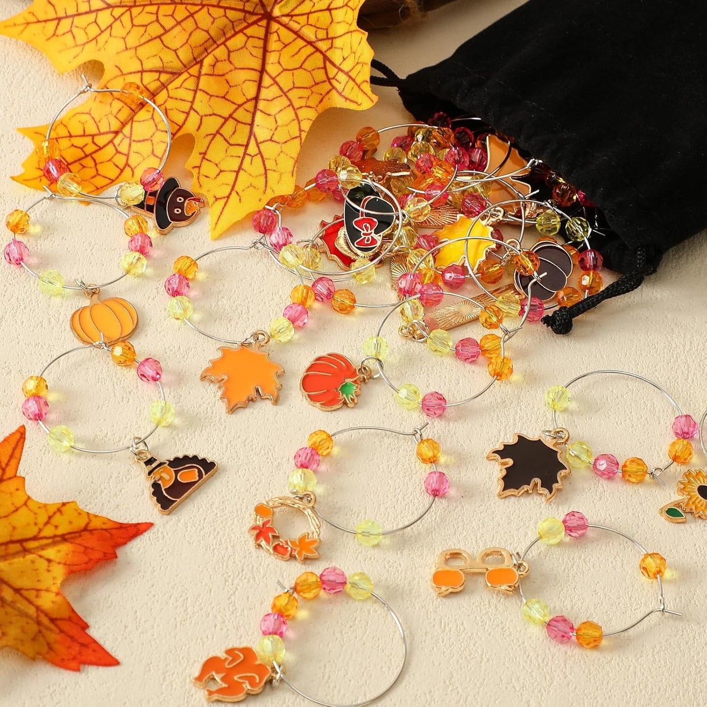 SANNIX Thanksgiving Wine Glass Charms, 24pcs Wine Glass Identifiers for Stem Glasses, Hostess Gifts & Party Favors