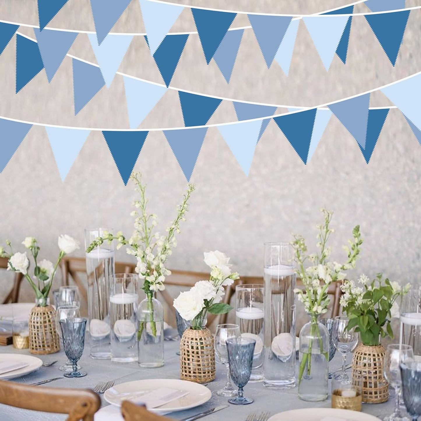 32Ft Retro Blue Party Decorations Dusty Blue Triangle Banner Flag Pennant Fabric Garland Streamers for Nautical Birthday Ahoy Achor Baby Shower Under The Sea Summer Graduation Nautical Party Decor