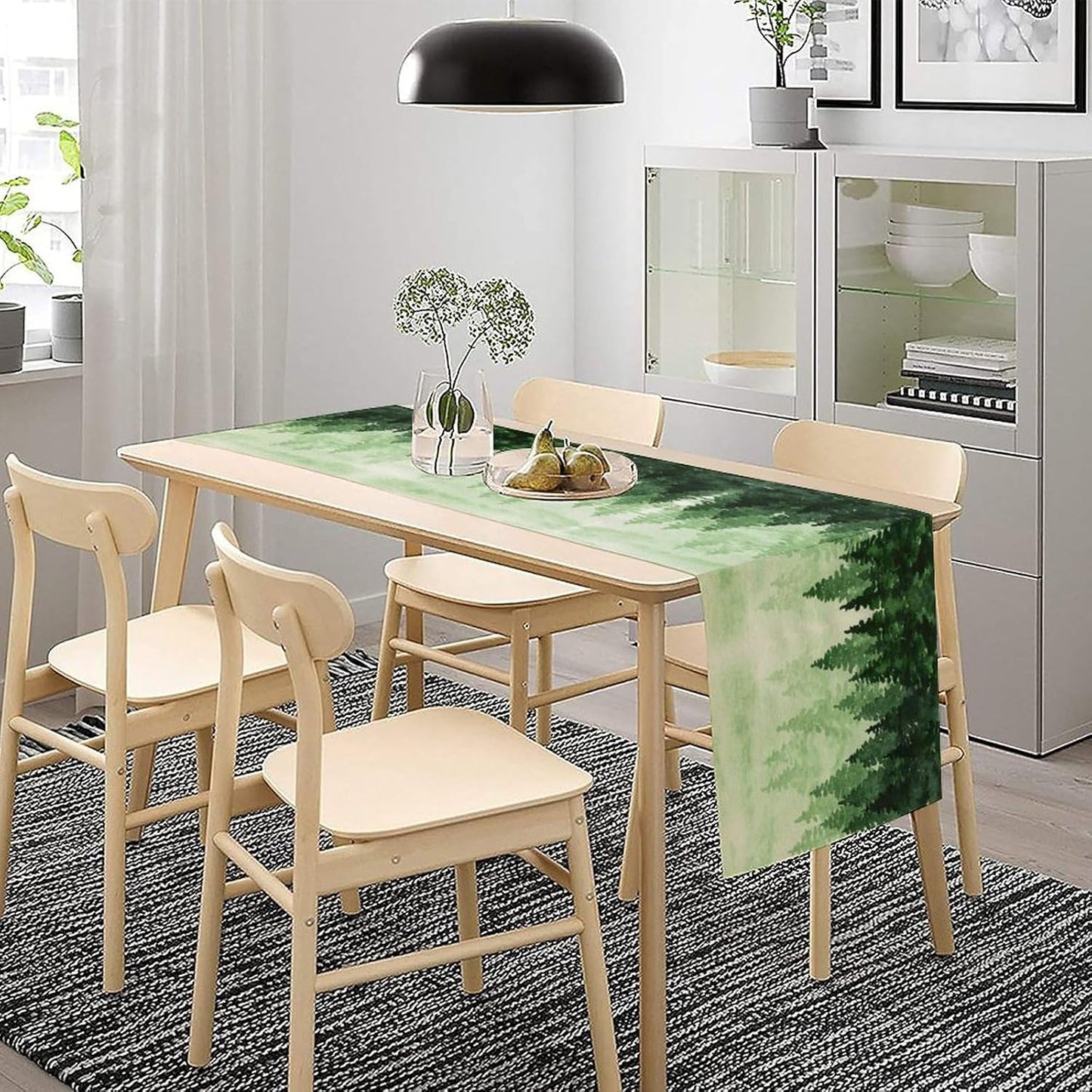 Foggy Forest Table Runner,Watercolor Wreen Misty Forest Landscape Table Runner for Kitchen Dining Table Home Party Decoration 13x120 Inch