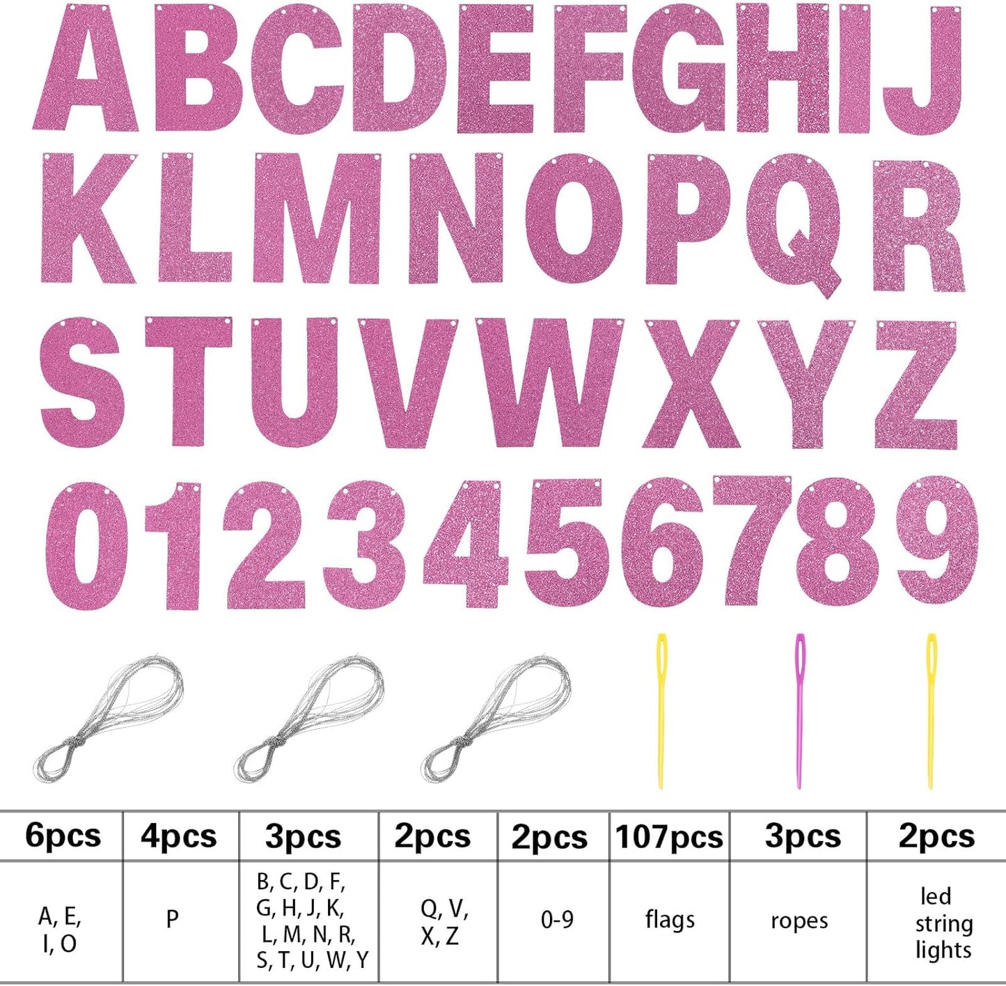 TaoBary 112 Pcs DIY Letter Custom Banner Glitter Customizable Banner Kit Including 107 Letters and Numbers 3 Rope for Valentine Birthday Party(Pink)