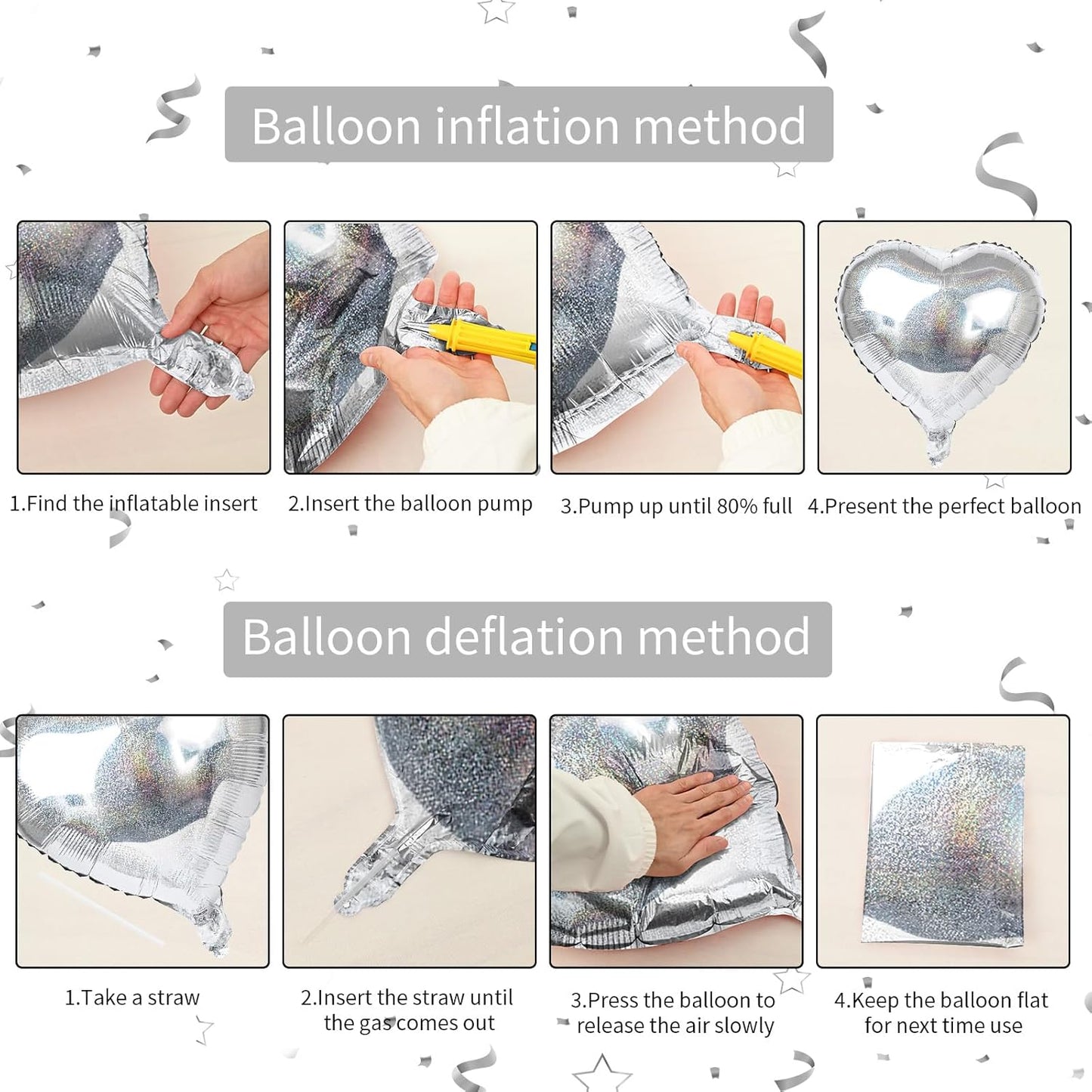 Glitter Silver Foil Heart Balloons, 10PCS Silver Heart Shape Balloons, Valentines Balloons 18inch Love Foil Balloons Helium for Valentines Day, Wedding, Brithday, Baby Shower Party Decorations