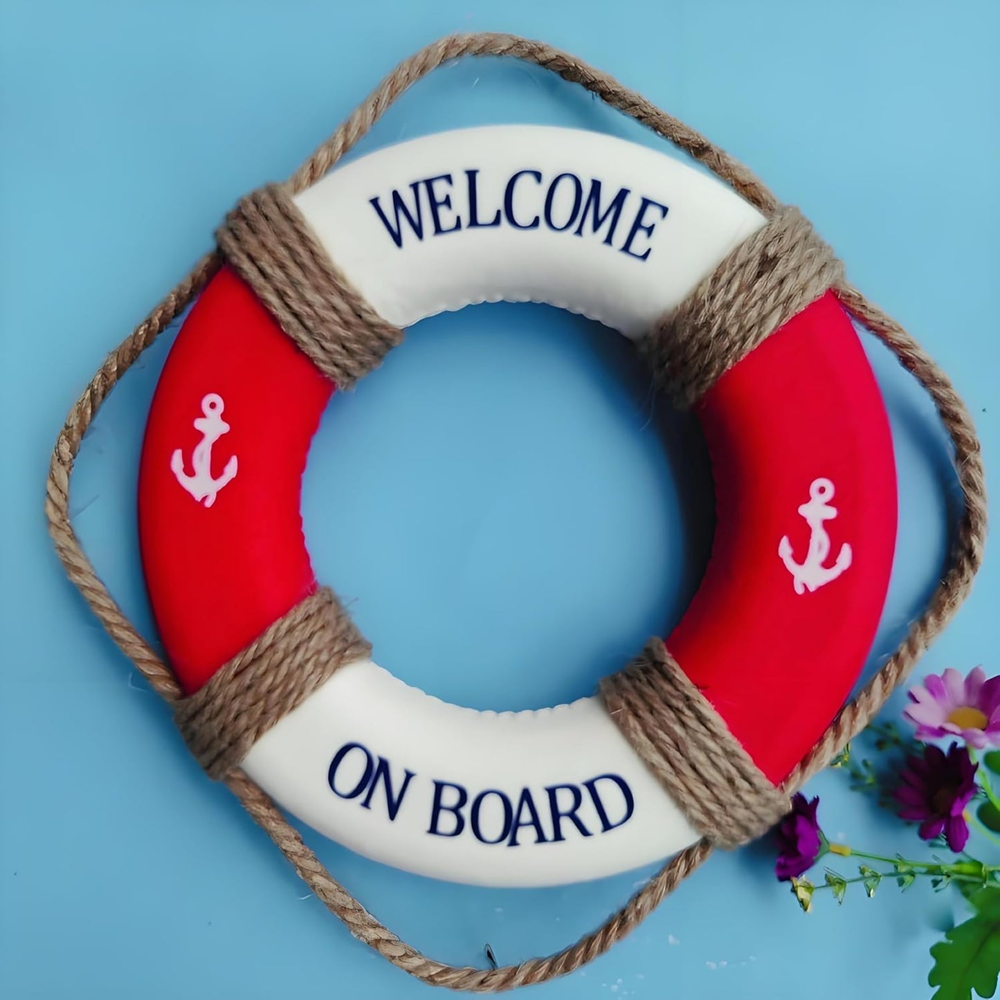 MorroMorn Lifebuoy Wall Hanging Decor - Welcome Aboard Mediterranean Style Home Decoration Hemp Rope (Red, 14")