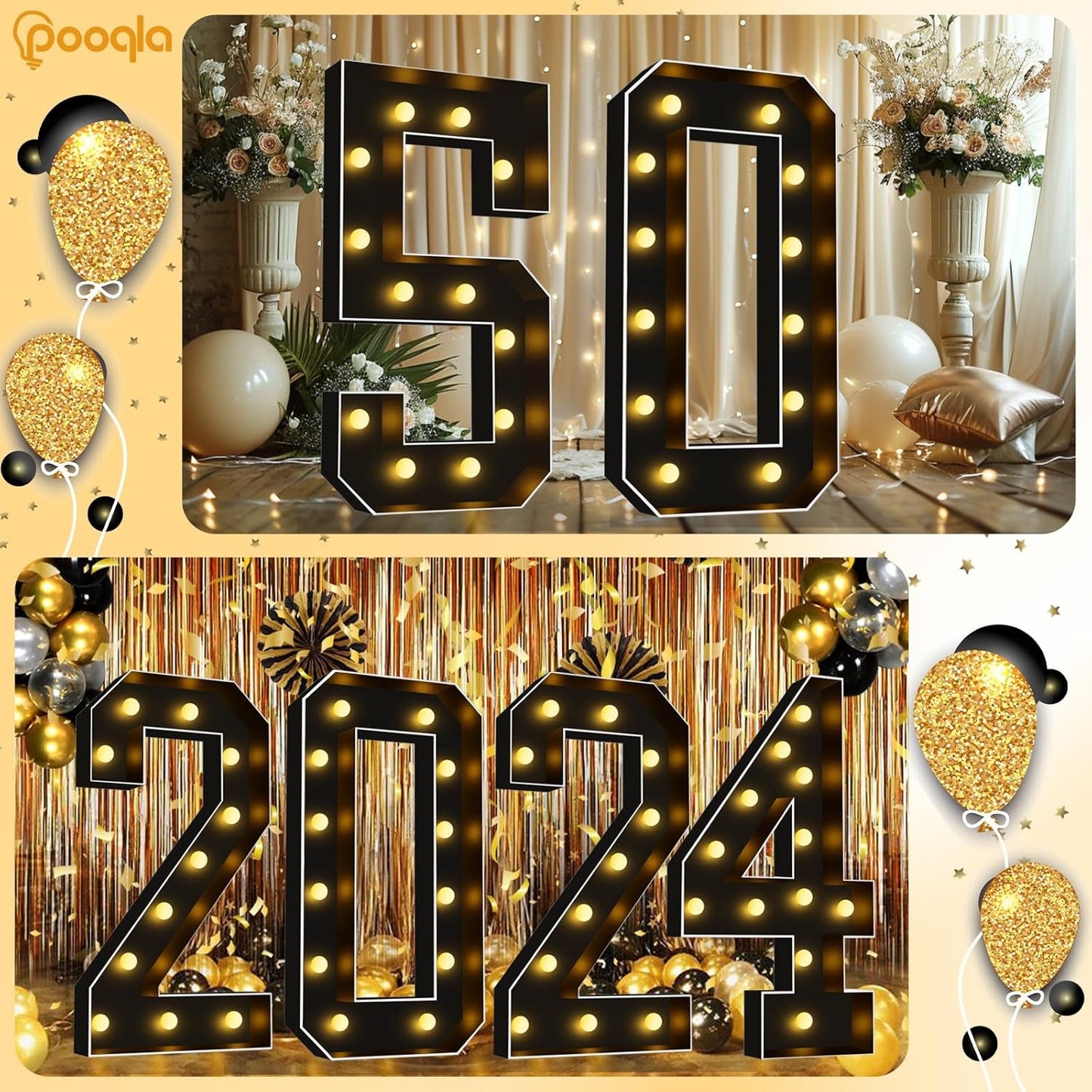 Pooqla 4 FT Light Up Marquee Numbers, Black Marquee Number Lights 4 Feet Tall for 3rd 13th 30th Birthday, Giant Letter Big Mosaic Numbers for Balloons Party Anniversary Wedding Decorations, Number 3
