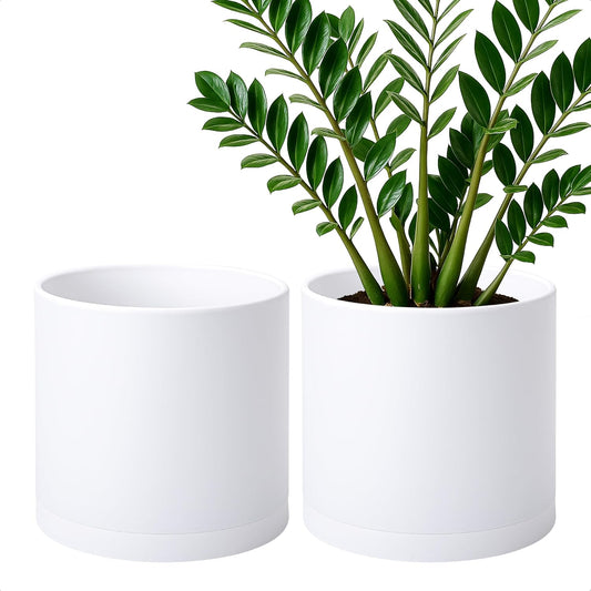 D'vine Dev 2 Pack 10 Inch Modern Plastic Plant Pots, Cylindrical Garden Planters for Plants with Drainage Holes and Saucers, White, 74-Z-N-1