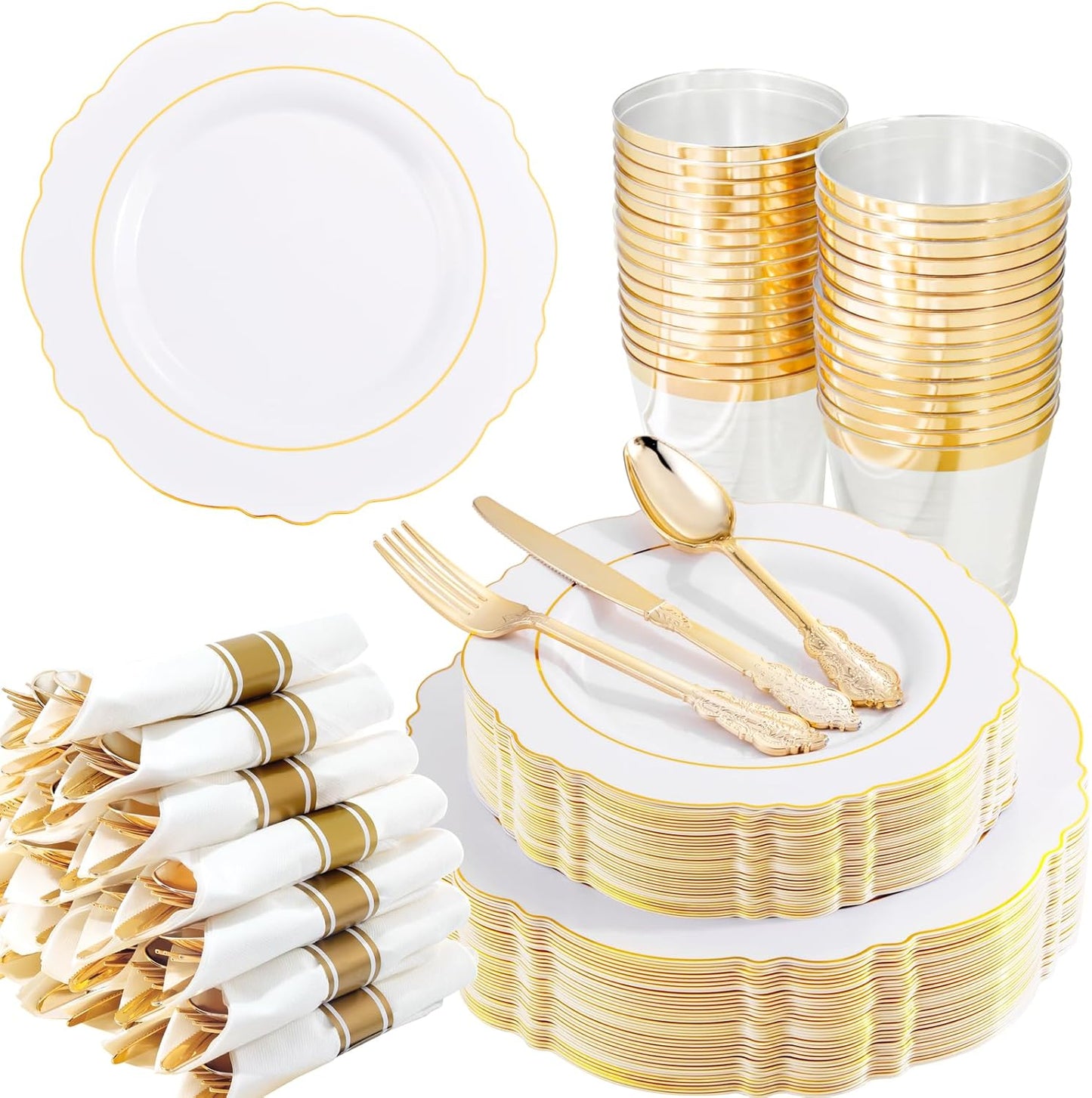 Liacere 350PCS Gold Plastic Plates-Disposable White and Gold Plates 50guest Baroque Plastic Dinnerware include 100Plates, 50Pack Pre Rolled Napkins with Silverware 50Cups for Wedding&Thanksgiving