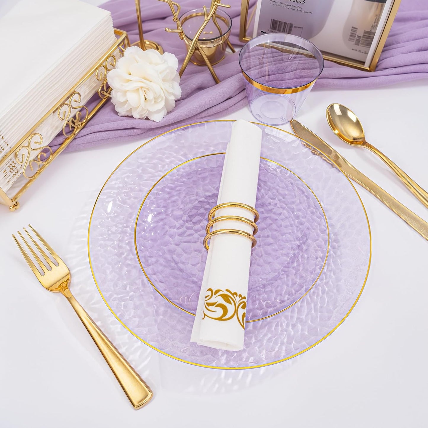 Rubtlamp 175 Pcs Purple Plastic Dinnerware Set (25 Guests), Clear Purple Plates With Gold Rim, Hammered Party Platos, Plates And Cups And Napkins Sets for Wedding, Party
