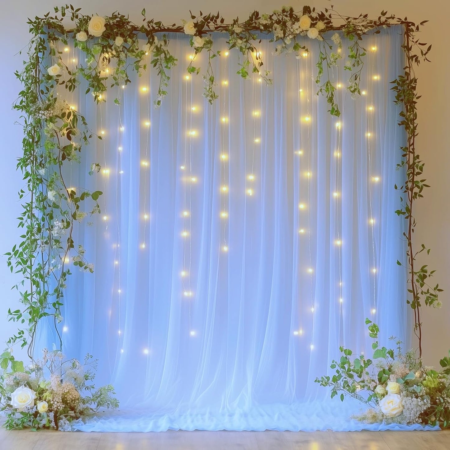 Baby Blue Tulle Backdrop Curtain with Lights String - 10x8ft Sheer Backdrop with 250 LEDs for Wedding, Baby Shower, Bridal Shower, Birthday Party Photo Shoot Background and Home Decorations