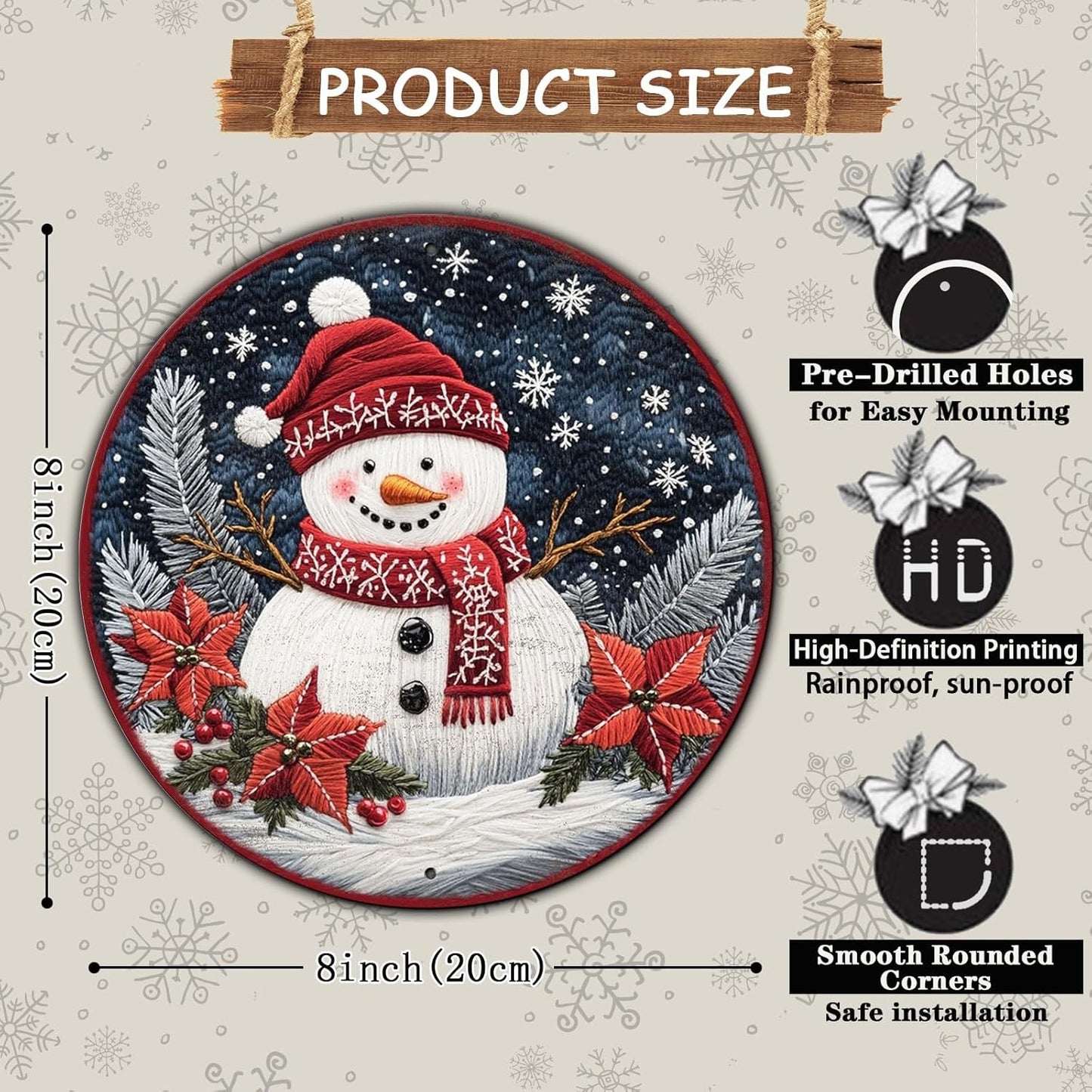 Round Christmas Snowman Decor Metal Tin Sign for Door Hanging Sign for Home Bars Clubs Cafes 8 * 8 in
