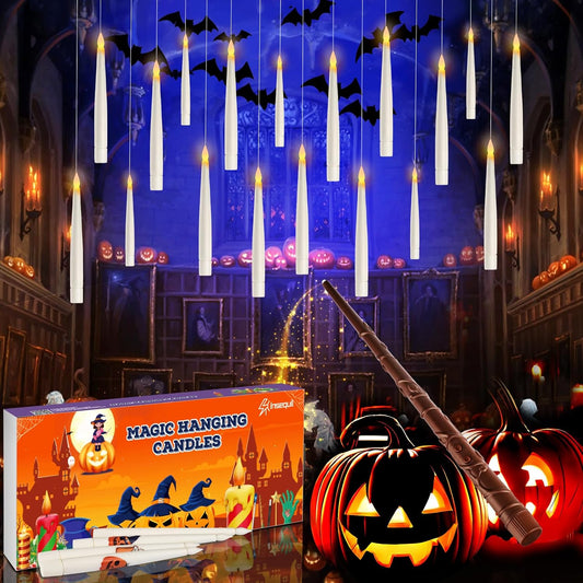 Floating Candles with Wand Remote, 20 Pcs Magic Halloween Hanging Candles, Flickering Warmer Light Flameless LED Candles with DIY Sticker, Battery Operated Halloween Decorations Gifts Indoor (18)