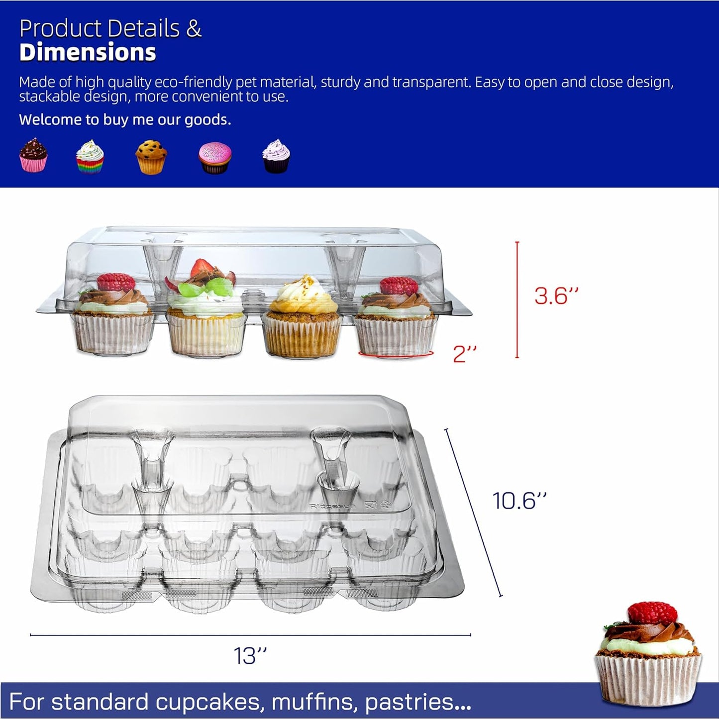 Cupcake Carriers for 12 Cupcakes,Premium Crystal-Clear Cupcake Boxes - 12 Sets of 10-Pack Standard Size, Easy Access, Eco-Friendly