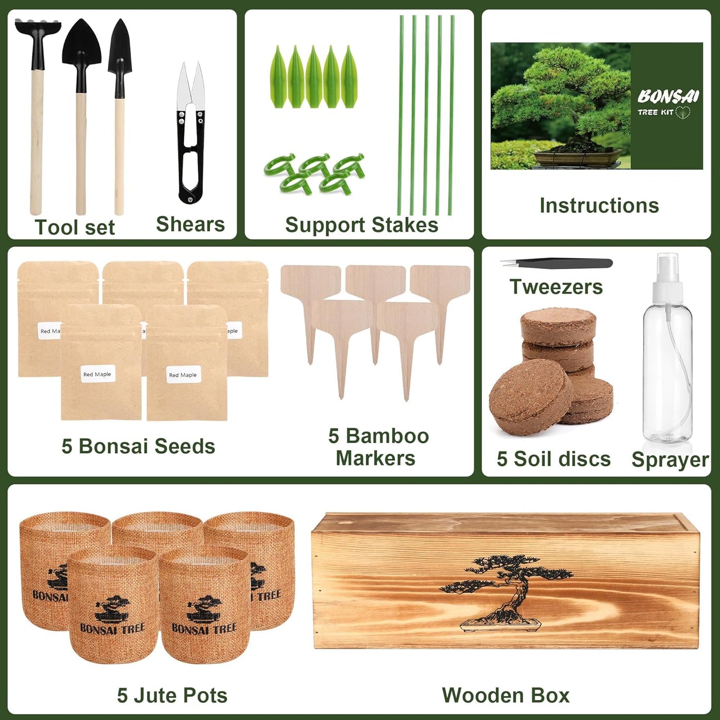 5 Pack Bonsai Tree Kit - 5 Seeds Growing Plant Bonsai Tree Live Kit for Beginners, Easy to Grow Complete Indoor Garden Starter Kits with Wooden Box & Tools, Christmas Gifts for Men Women Plant Lover
