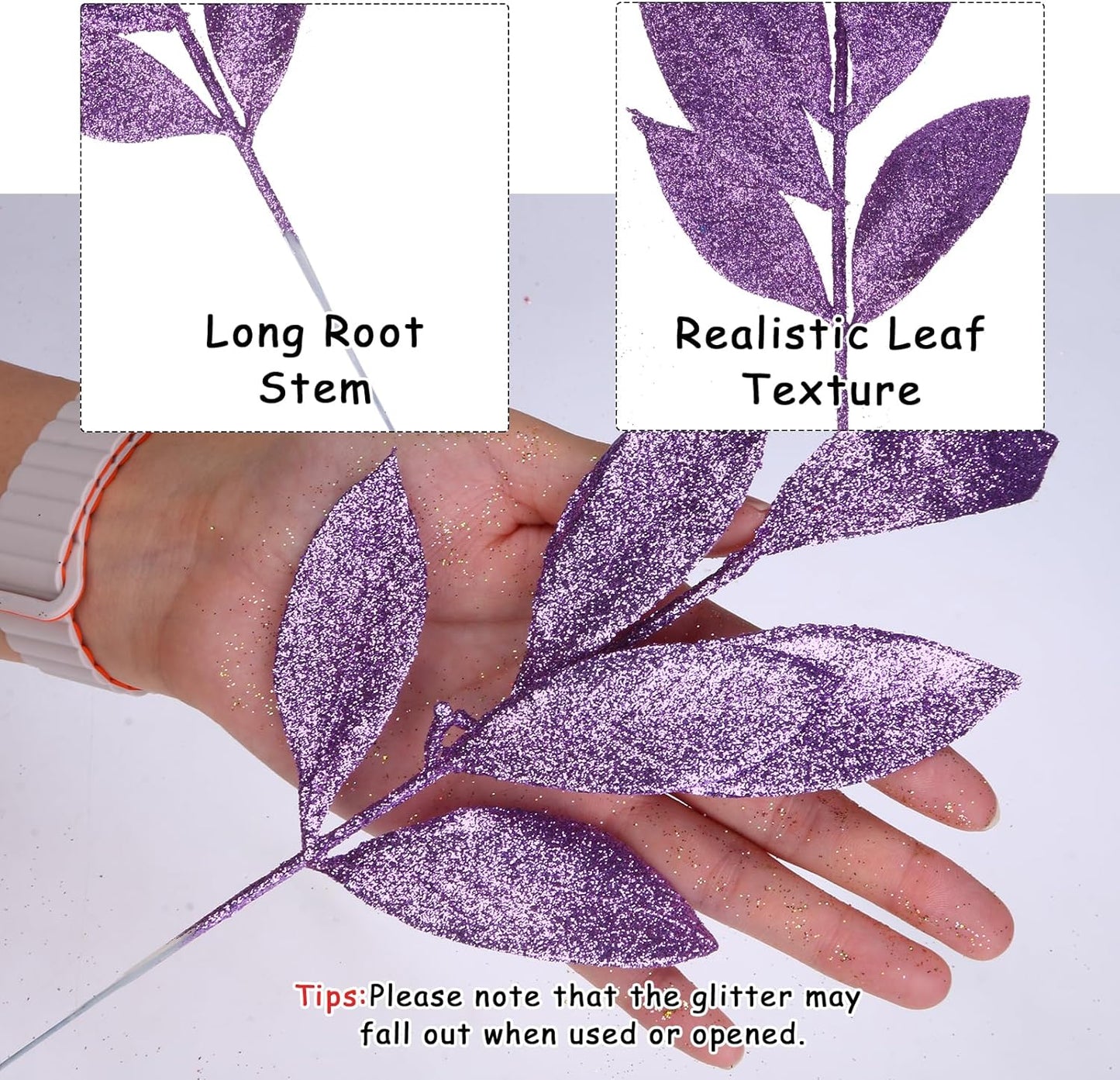 GREENTIME 12 Pack Artificial Purple Glitter Leaves 13" Fake Christmas Picks Decorative Glitter Sticks for Vase Christmas Tree DIY Wreath Crafts Fireplace Decor