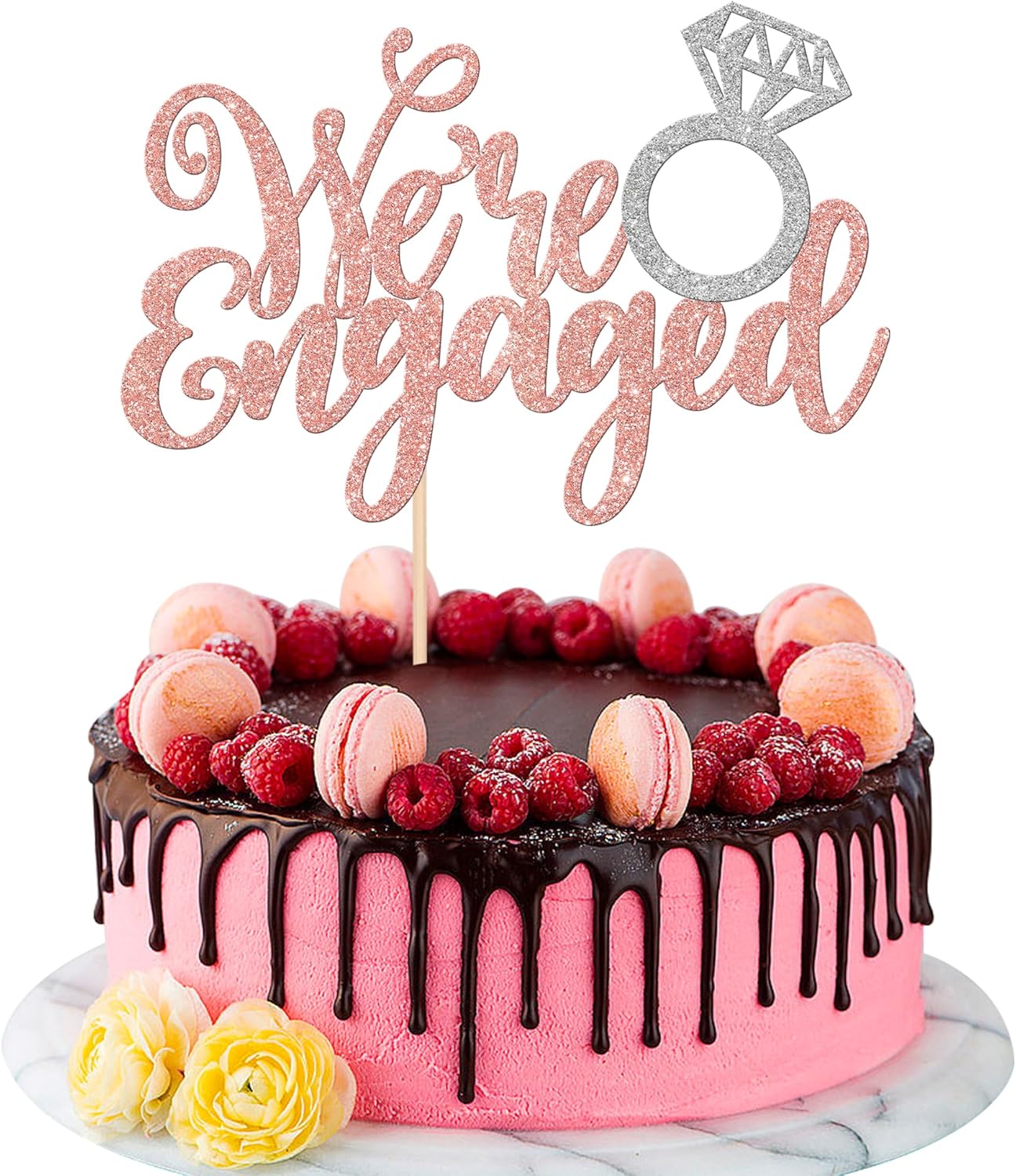 1 PCS We're Engaged Cake Topper Glitter Diamond Ring Wedding Engagement Cake Pick for Wedding Bridal Shower Theme Party Cake Decorations Supplies Gold
