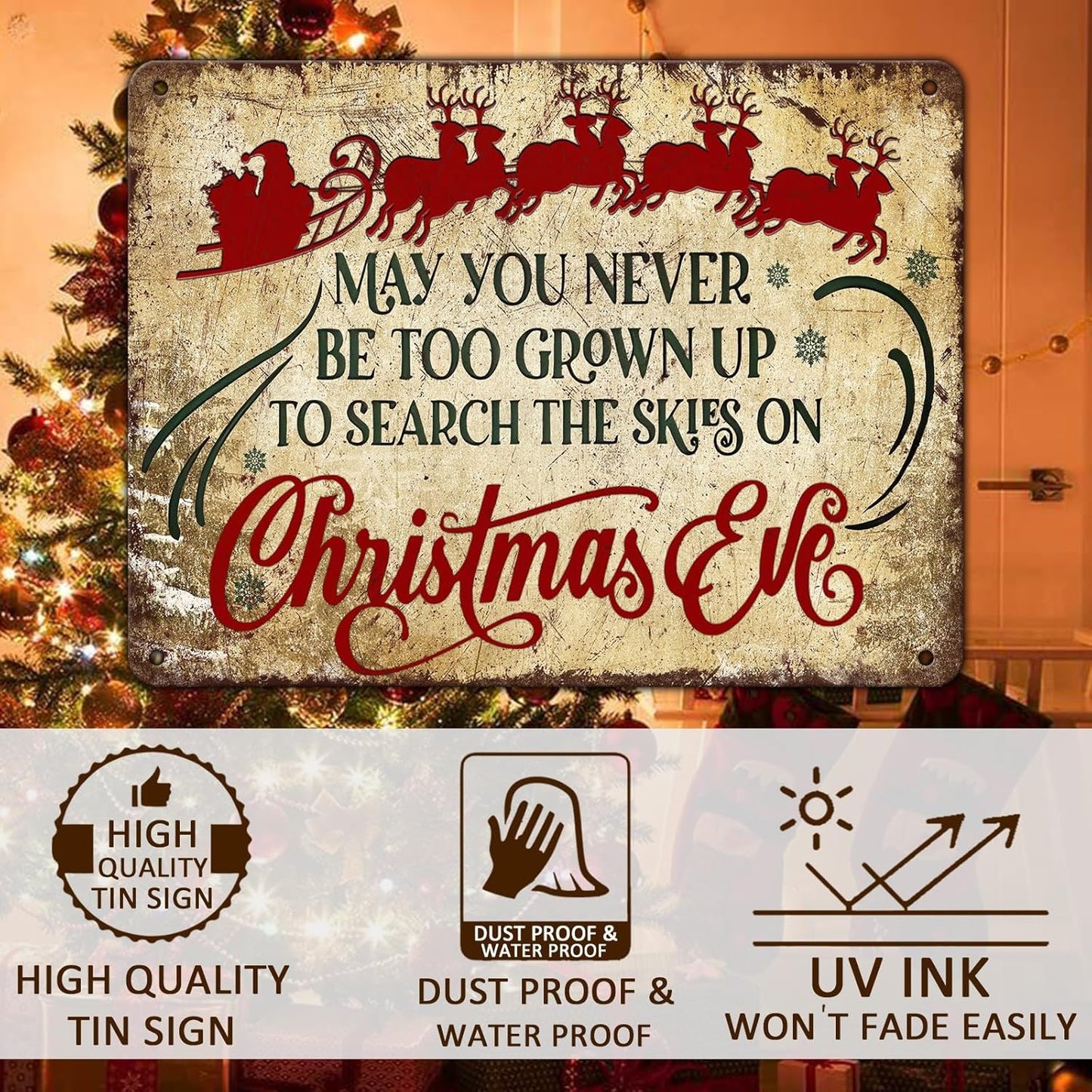 Christmas Sign Wall Art Vintage May You Never to Too Grown Up to Search The Skies Christmas Eve 12x16 Inch Rustic Metal Sign for Spacious Wall Decor and Holiday Display