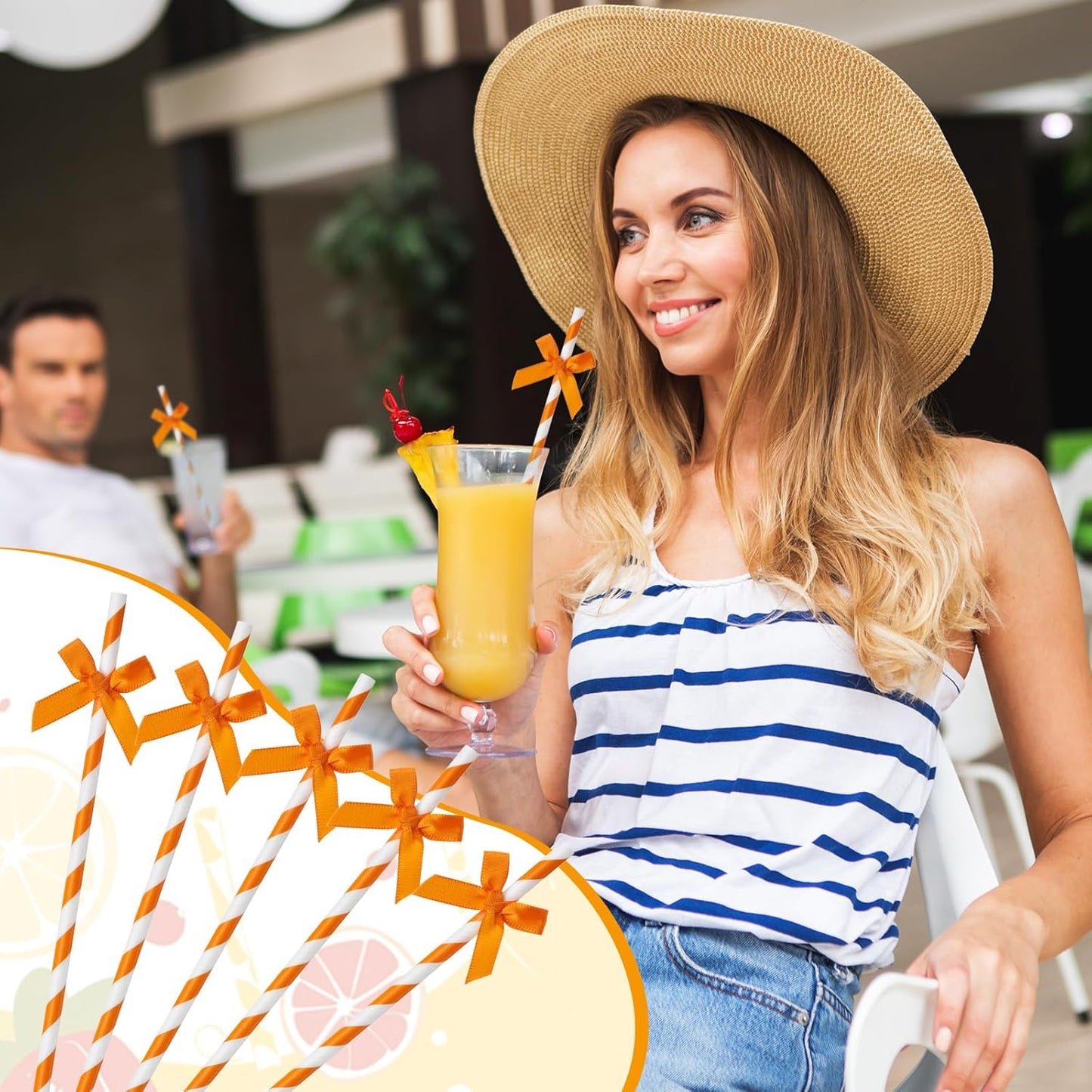 50 Pcs Fall Orange Paper Bow Straws for Drinking, Halloween Disposable Striped Paper Straws Bulk Autumn Theme Birthday Party Supplies for Wedding Cake Decorations Bachelorette Bridal Shower