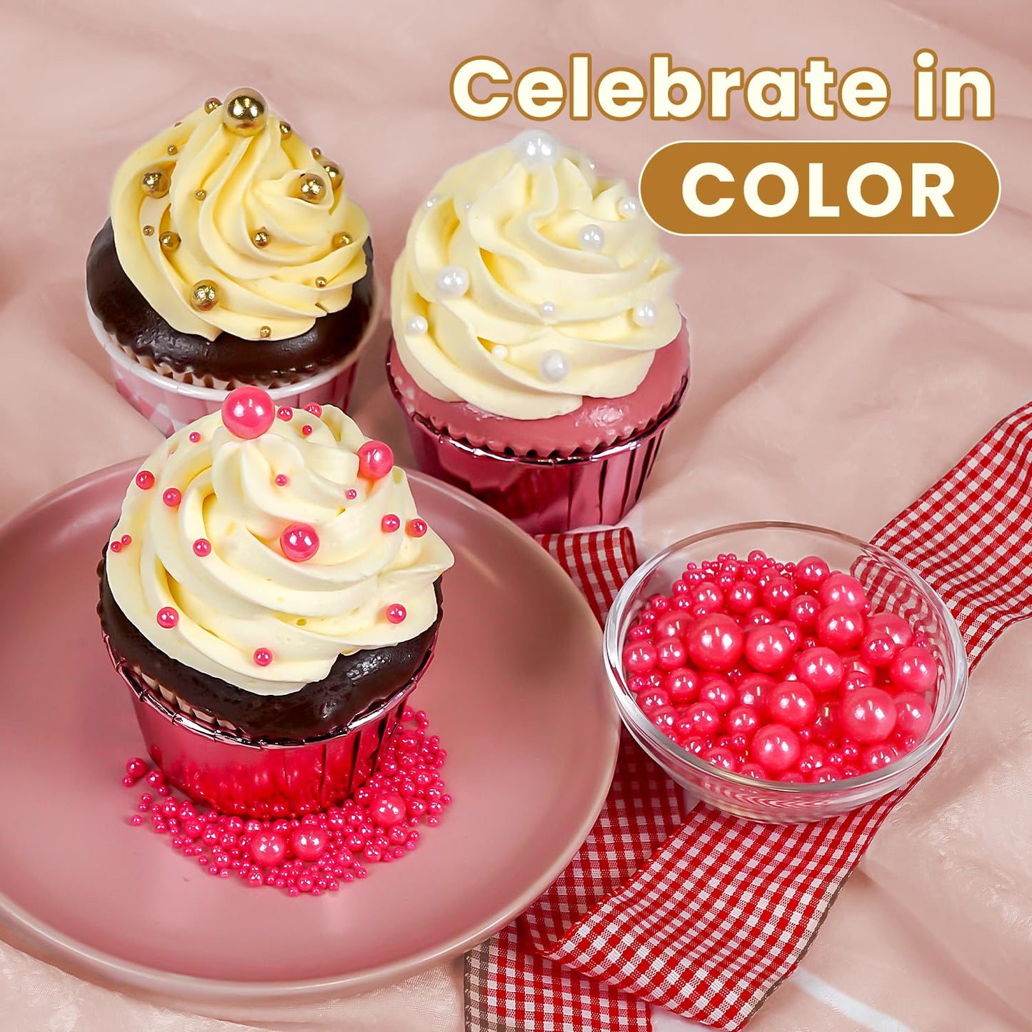 Edible Pink Sugar Pearl Sprinkles, Pearl Sugar Sprinkles, Cake Decorations, Cupcake Toppers, Ice Cream Toppings, Wedding Party Halloween Christmas Supplies,180g/6.35oz