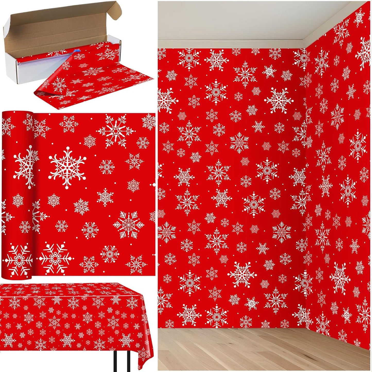 4.5x 100 Feet Roll of Christmas Plastic Tablecloth Decorations,Disposable White Snowflake Red Xmas Table Cover Photography Backdrop with Cutter Box for Winter Christmas Holiday New Year Party Supplies