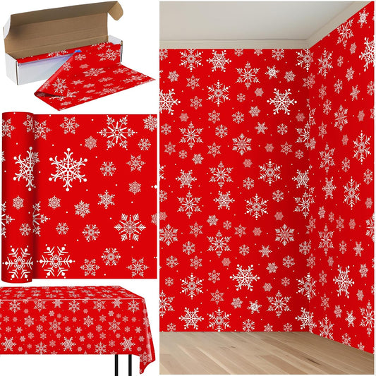 4.5x 100 Feet Roll of Christmas Plastic Tablecloth Decorations,Disposable White Snowflake Red Xmas Table Cover Photography Backdrop with Cutter Box for Winter Christmas Holiday New Year Party Supplies