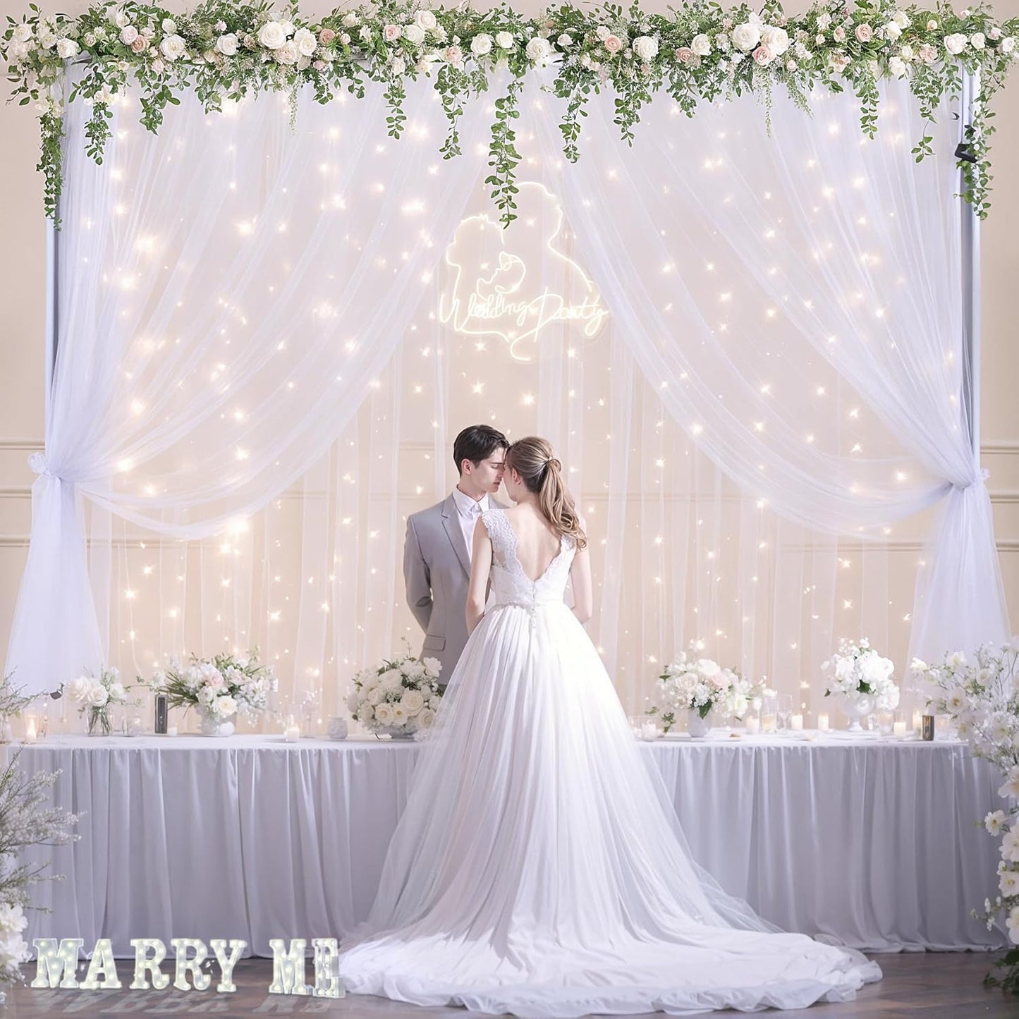 10x10ft White Tulle Backdrop Curtain with Lights String for Parties Wedding Twinkle Sheer Backdrop Curtains for Bridal Shower Birthday Party Baby Shower Photo Booth Decorations