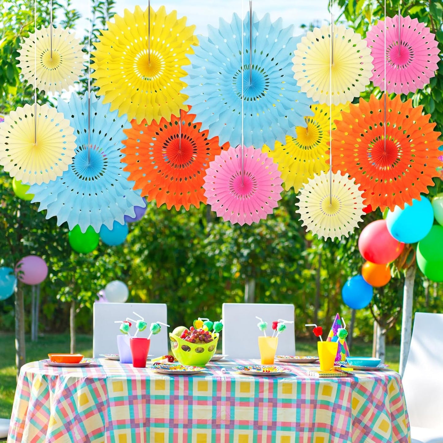 Outus 12 Pcs Hanging Honeycomb Paper Fans Sets, Fiesta Pastel Party Decorations, Tissue Paper Flowers Supplies for Birthday Wall Classroom Wedding Bridal Photo Backdrop (16/14/8/6 Inch)