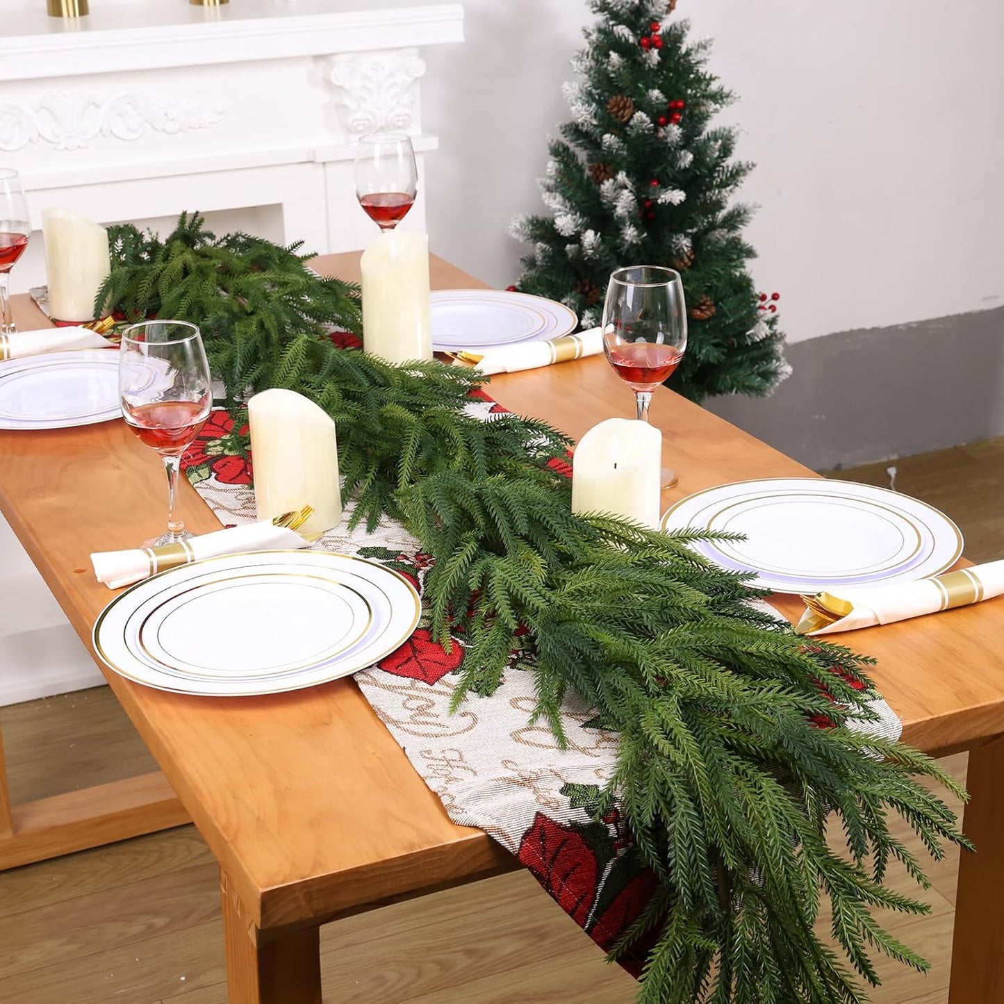 1 Pcs Artificial Norfolk Pine Garlands Christmas, 9 FT Dense Real Touch Winter Pine Garland Ornament, Green Artificial Greenery Garland for Table, Mantle, Wall, Indoor, Outdoor Christmas Decorations