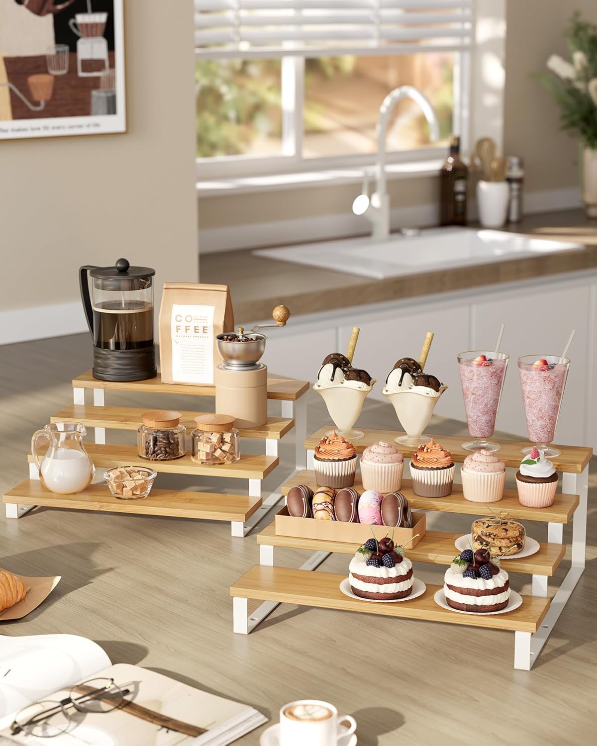 SONGMICS Display Risers, Set of 2 Engineered Wood Perfume Organizer Stand, 4-Tier Cupcake Stand Holder, Spice Rack, Shelf Risers for Figures, Dessert Shelves, Natural Beige and Cloud White UKCS216N02