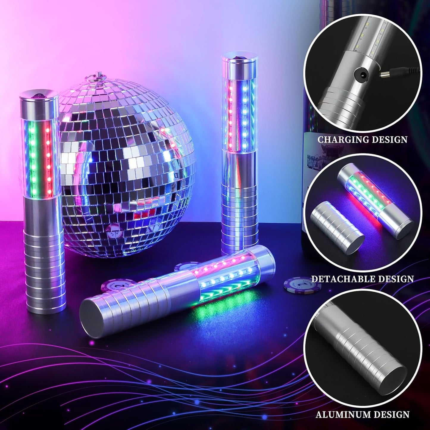 2 Pieces RGB LED Strobe Baton Light Rechargeable Bottle Service Sparklers Stick Reusable Champagne Bottle Handheld LED for Club Stage Nightclub Party Concert Event Bar Outdoor - Silver