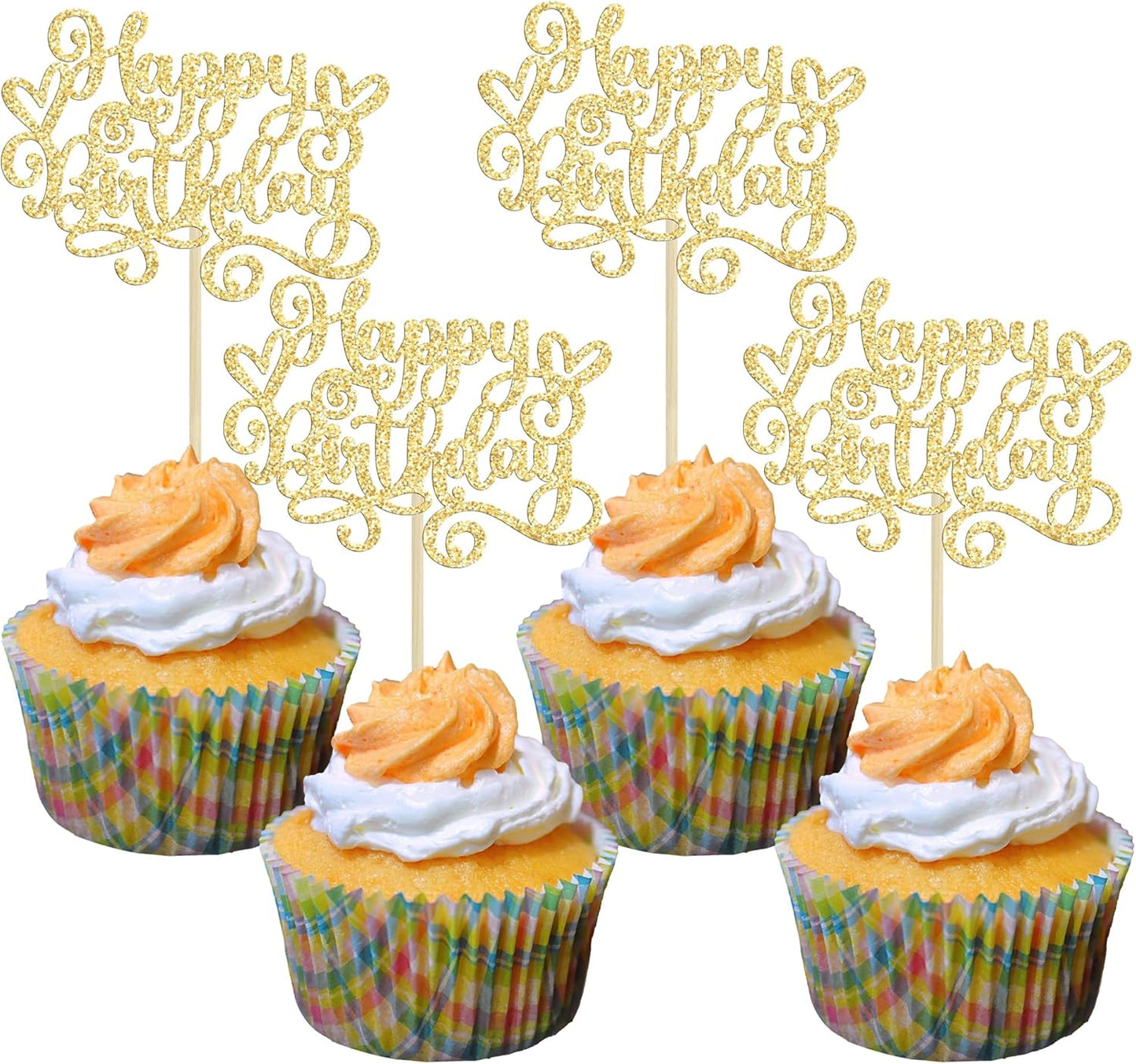 Gyufise 24Pcs Happy Birthday Cupcake Toppers Glitter Happy Birthday Cupcake Picks for Celebrating Happy Birthday Anniversary Theme Party Cake Decorations Supplies Gold