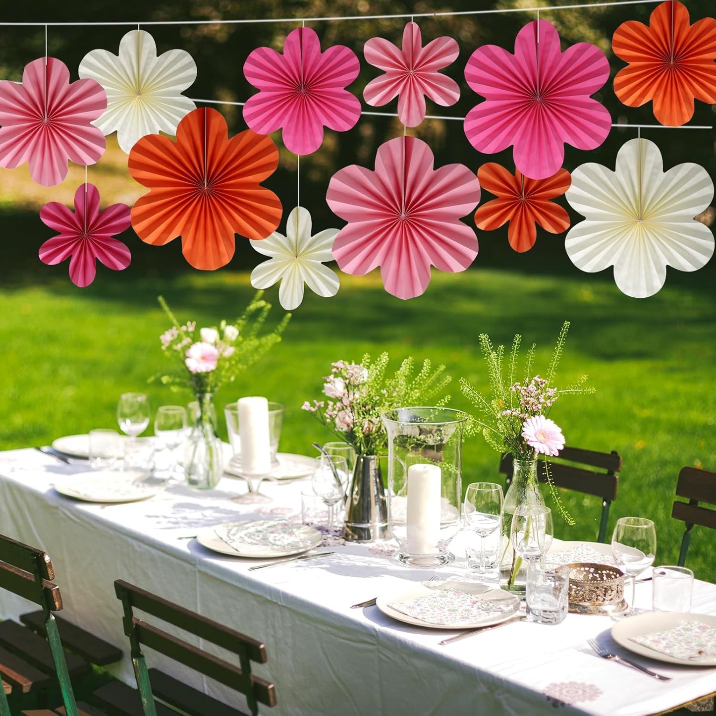 BestoFun 12 PCS Paper Flowers Fans Pink and Orange Party Decorations Paper Flowers Decorations for Wall Girl Groovy Birthday Baby Shower Wedding Bachelorette Room Hanging Décor