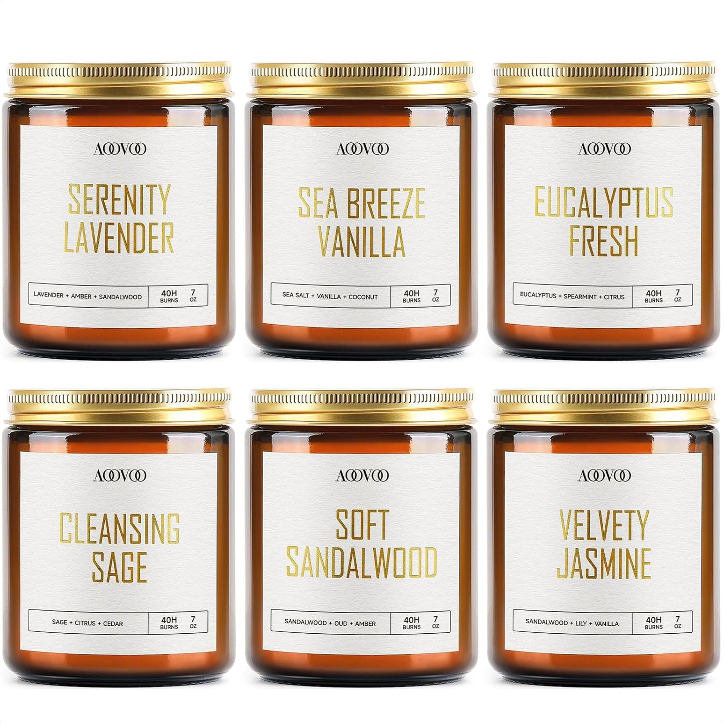 AOOVOO Candles Set - 6PC Scented Candles, Soy Candle, Aromatherapy Candle, Soy Wax Candle, Candle for Home Scented, Lavender/Vanilla/Eucalyptus/Sage/Jasmine/Sandalwood