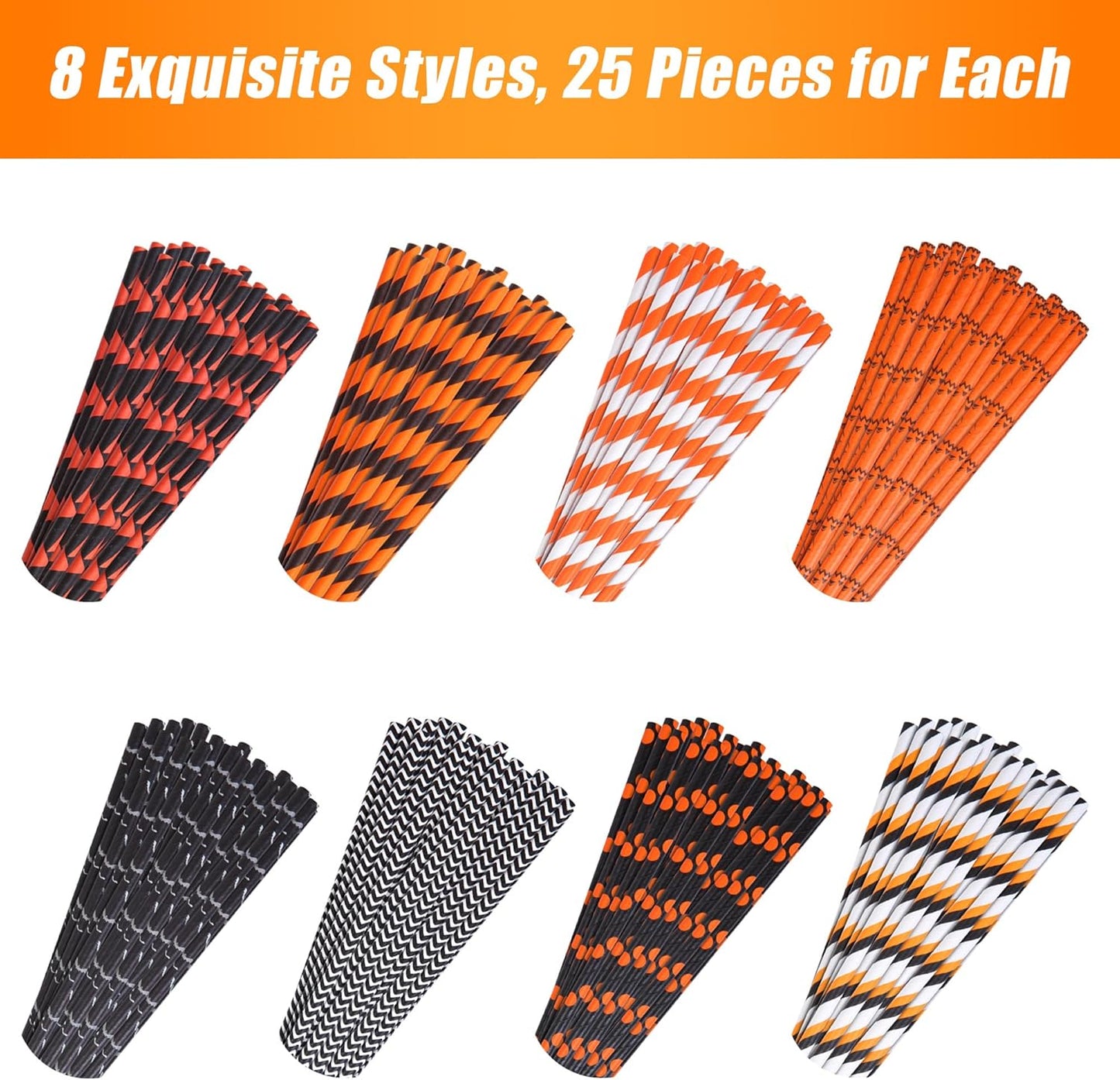 Cooraby 200 Pieces Halloween Paper Straws Biodegradable Drinking Stripe Bicolor Stripe Dot Straw Mix for Wedding Supplies and Party Favors, 8 Styles (Black and Orange)