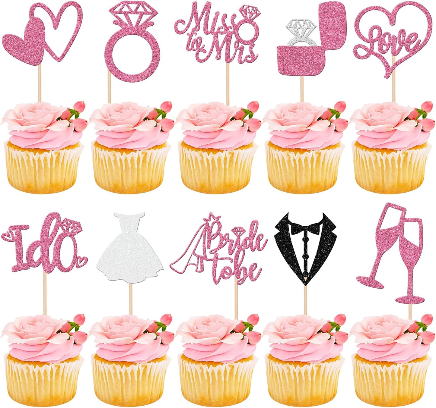 30 PCS Bride to Be Cupcake Toppers Glitter Miss to Mrs I Do Love Heart Ring Cupcake Picks Wedding Bridal Shower Cake Decorations for Wedding Engagement Bachelorette Party Supplies Pink
