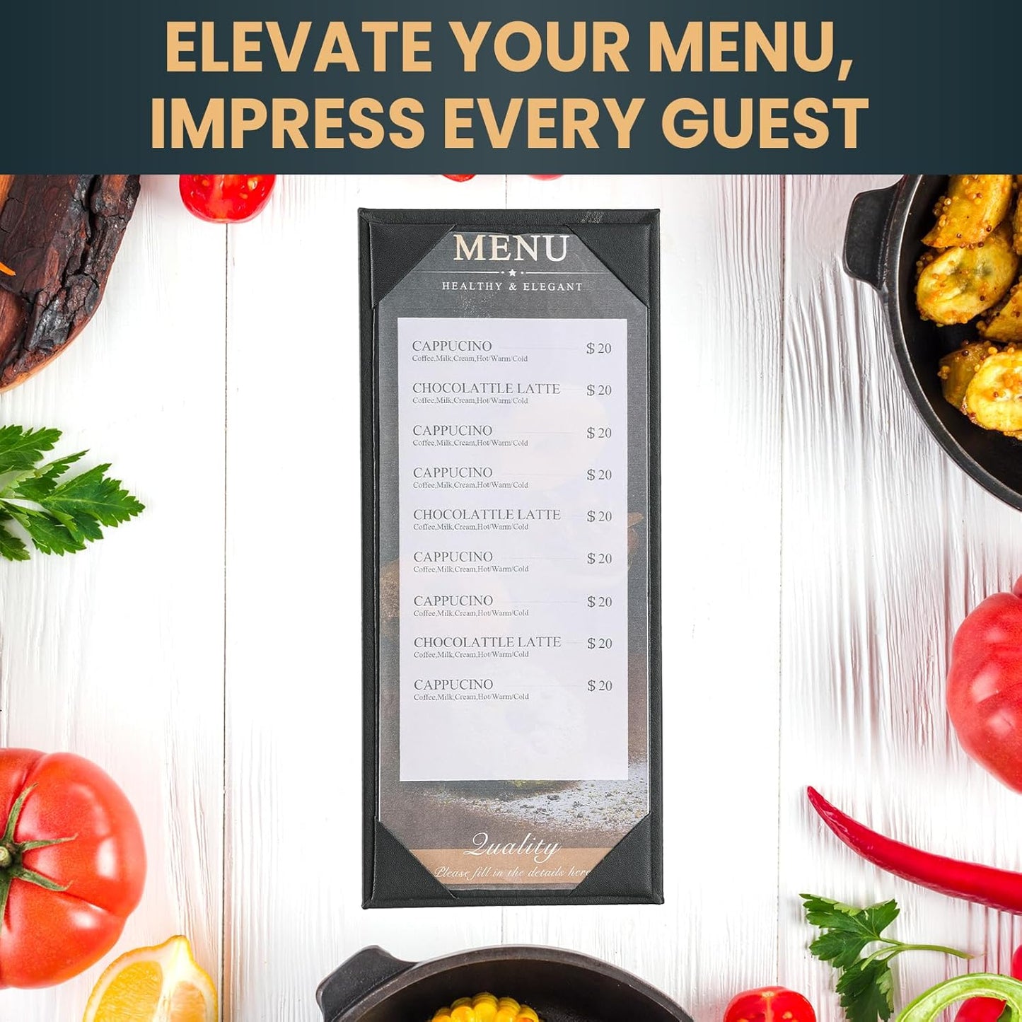 12 Pack 1 View Menu Holder Menu Covers 4.25" x 11" | Black Leather Menu Sleeves Book Style for Restaurant Coffee Bars Wine List