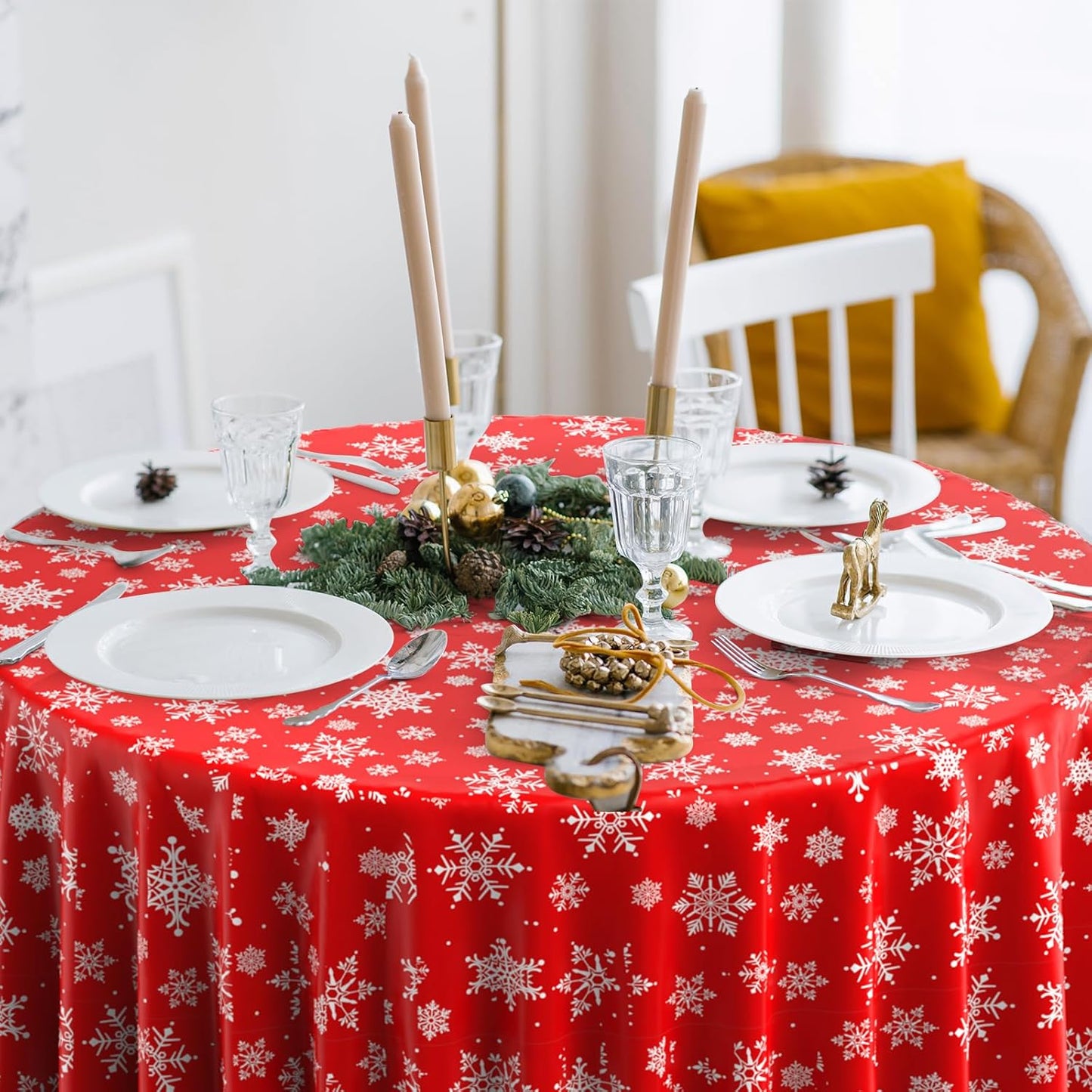 12 Pieces Christmas Snowflake Plastic Party Tablecloth Decorations, Disposable White Snowflake Red Xmas Round Table Cover Backdrop for Winter Christmas Holiday New Year Party Supplies,84 inch (Red)