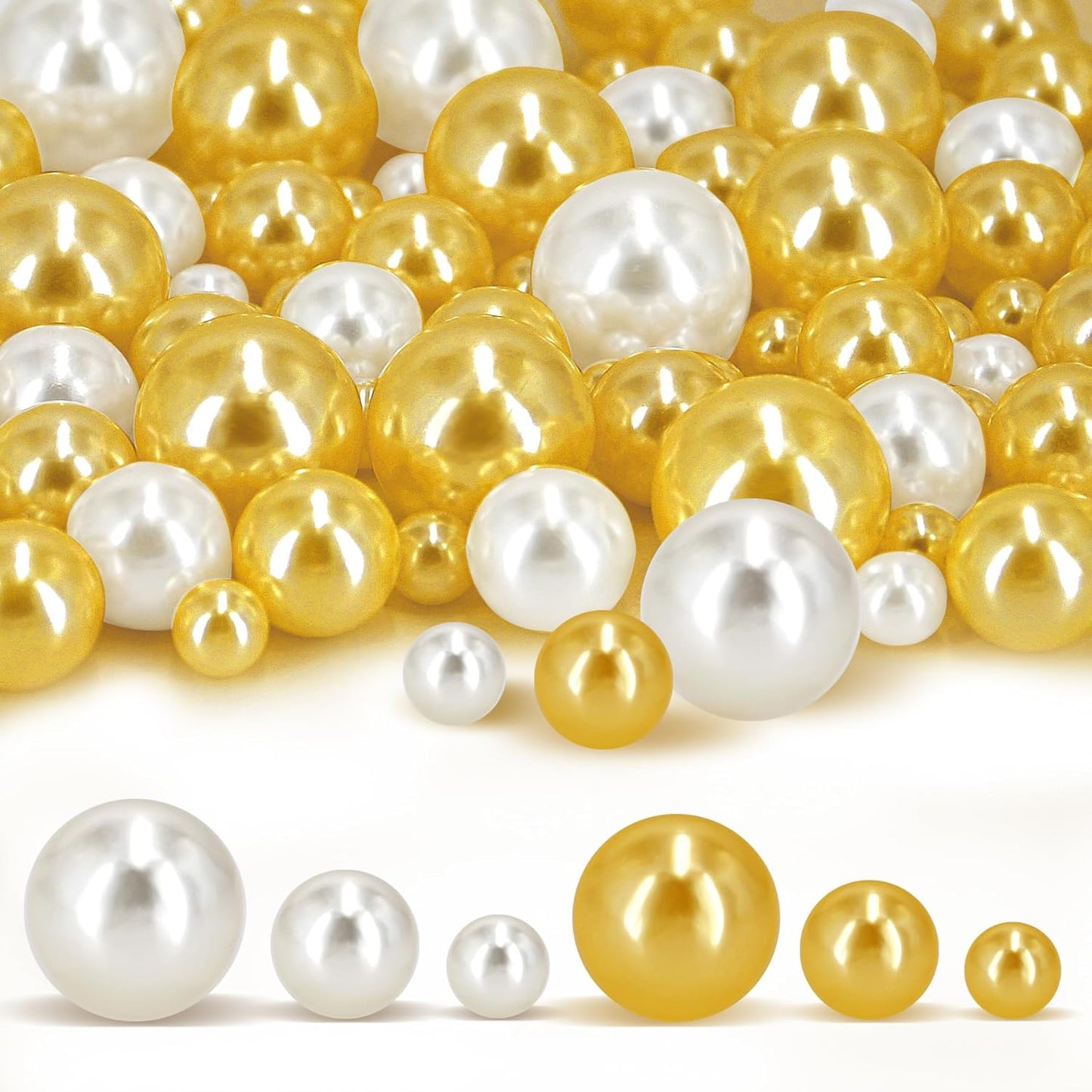 180PCS Cream Gold Beads for Centerpieces Vases, No Hole Polished Pearl Makeup Beads Mixed 8/14/20mm Sizes, Pearl Vase Fillers Table Scatters for Party Wedding Decor