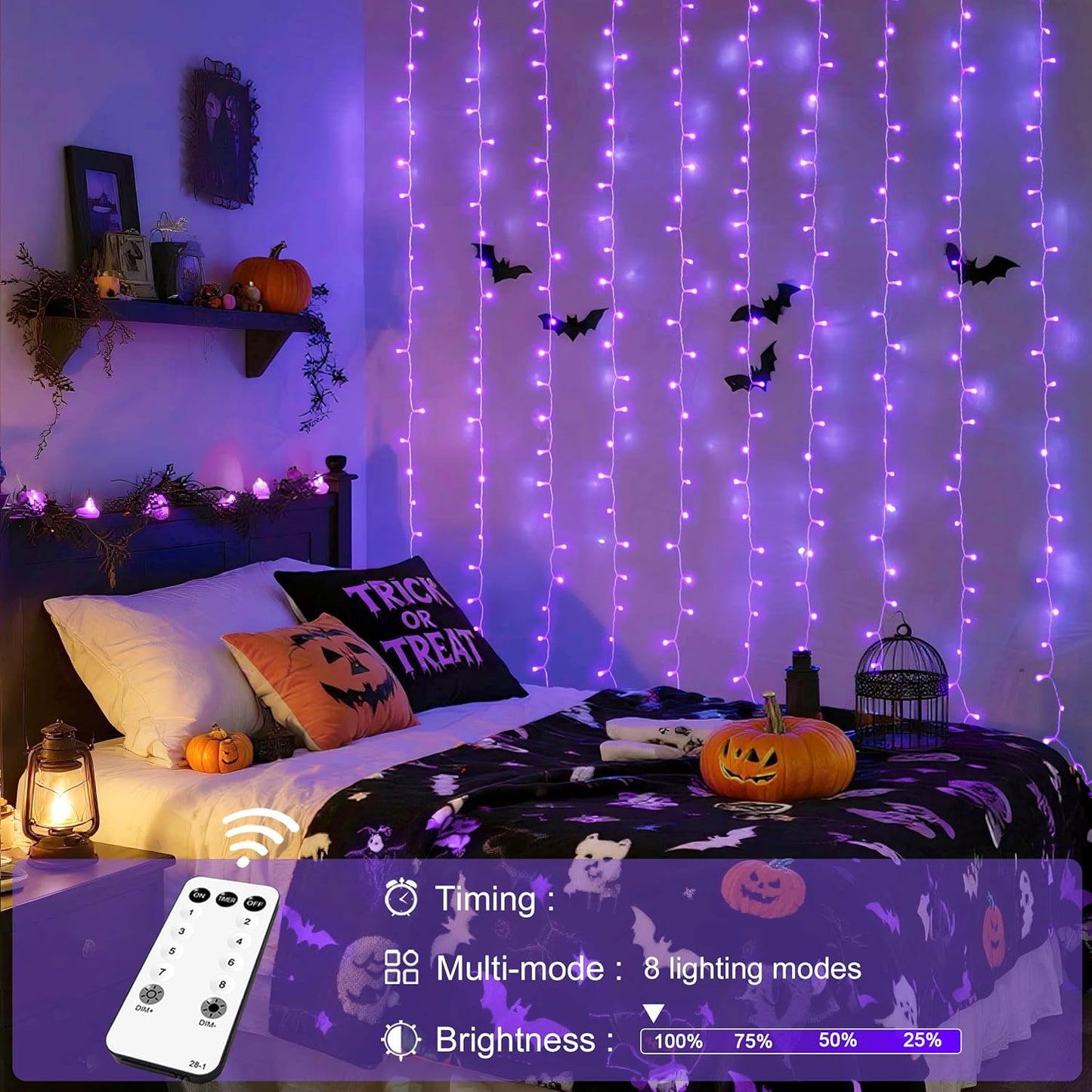 JMEXSUSS 300LED Purple Halloween Lights with Remote, Curtain Hanging Light Plug in, 8 Modes Purple String Lights for Bedroom Window Wall Party Backdrop Christmas Halloween Decorations
