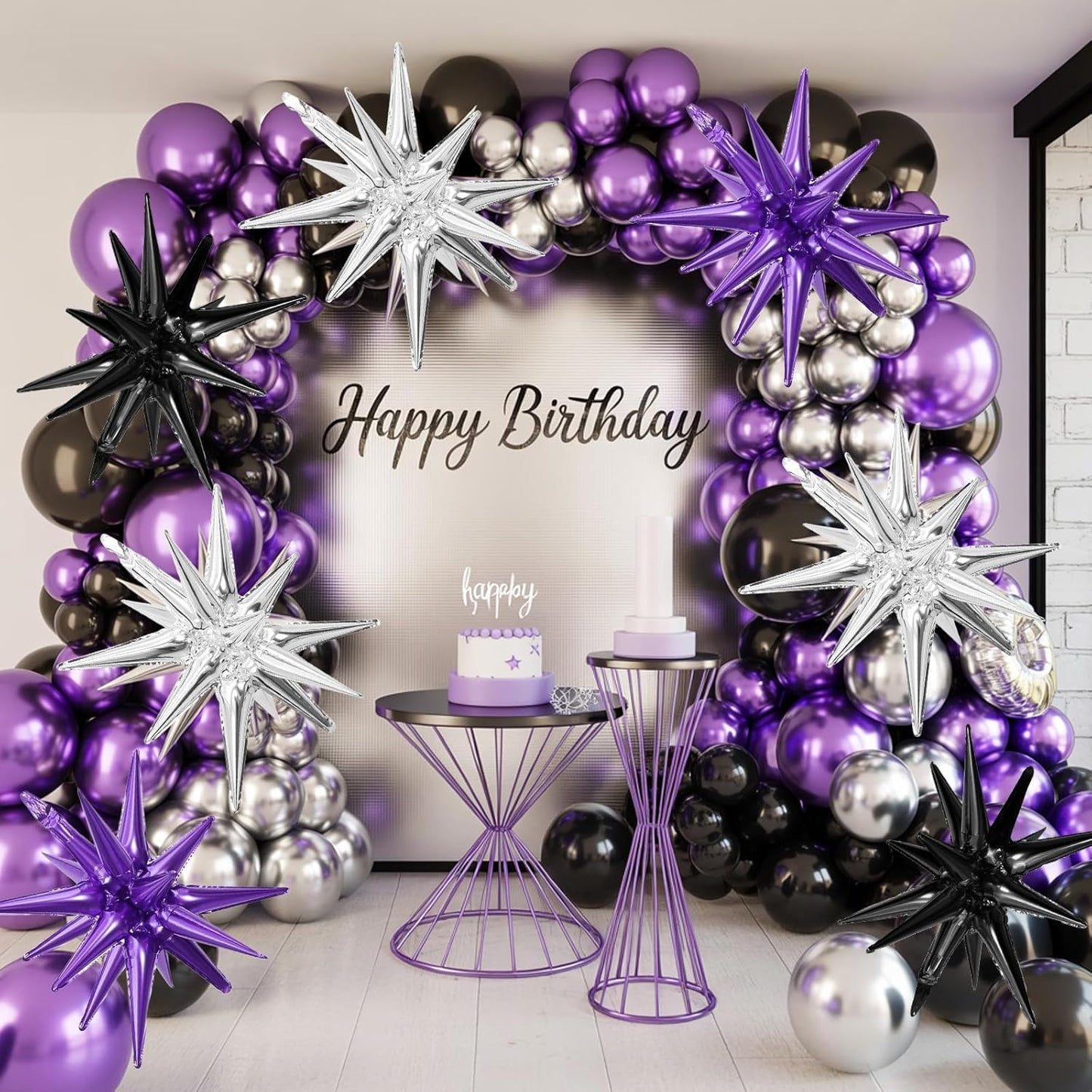 Black Purple Silver Star Balloons,9Pcs 22Inch Black Silver Purple Explosion Spike Cone Helium Polyester Film Star Foil Balloons for Birthday Halloween Anniversary Baby Shower Party Decorations