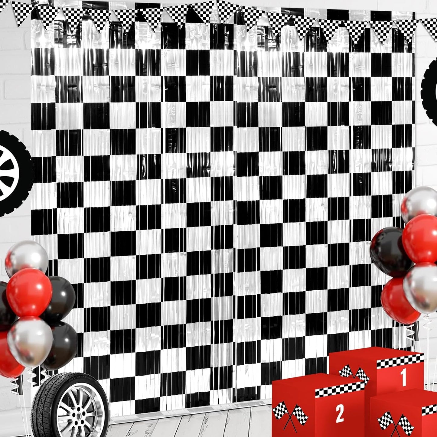 3 Pack 3.3Ft x 6.6Ft Race Car Checkered Foil Fringe Curtain Backdrop Decorations, Black White Metallic Tinsel Foil Streamers Curtain Photo Booth for Race Car One Happy Dude Birthday Party Decorations