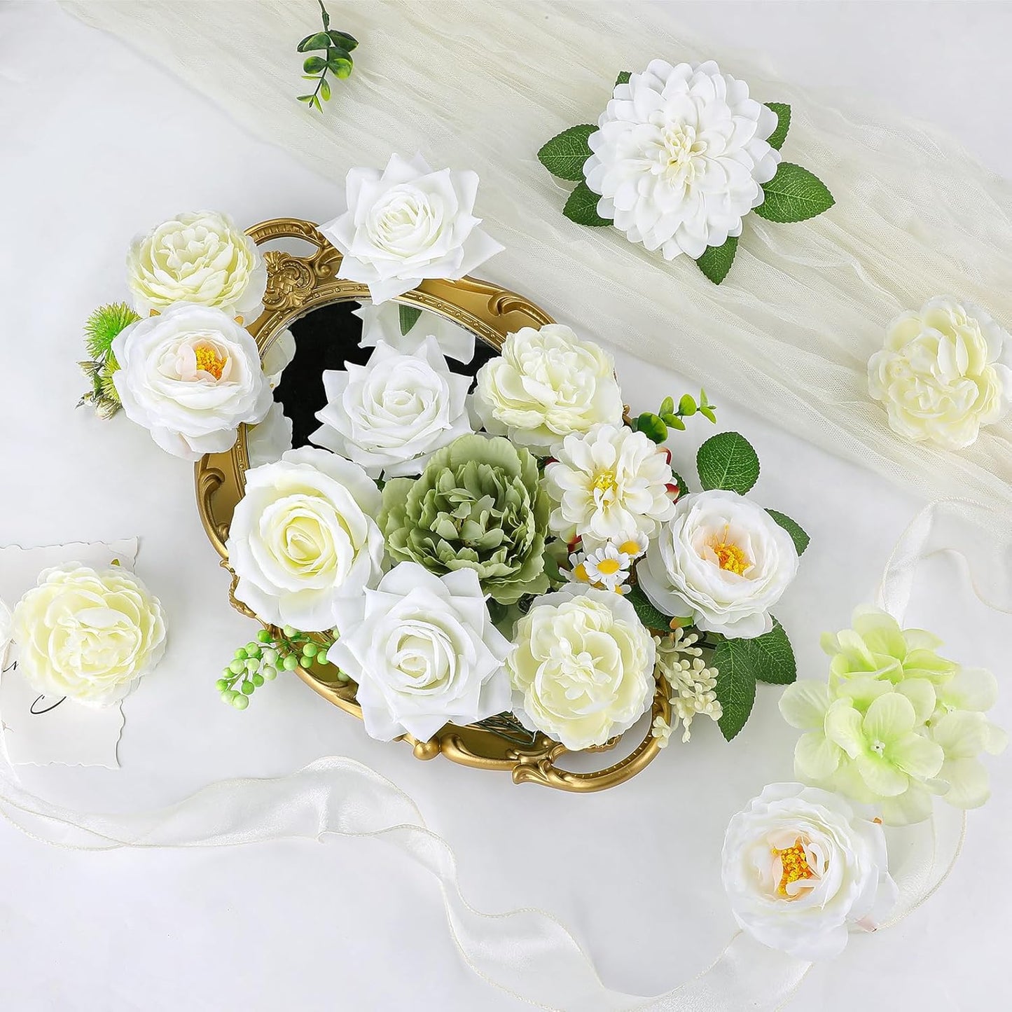 AmyHomie Green White Artificial Flowers Combo Silk Mix Peony Rose Fake Flowers w/Stem for DIY Wedding Bouquets Centerpieces Arrangements Table Fall Decor Party Bridal Baby Shower Home Decorations