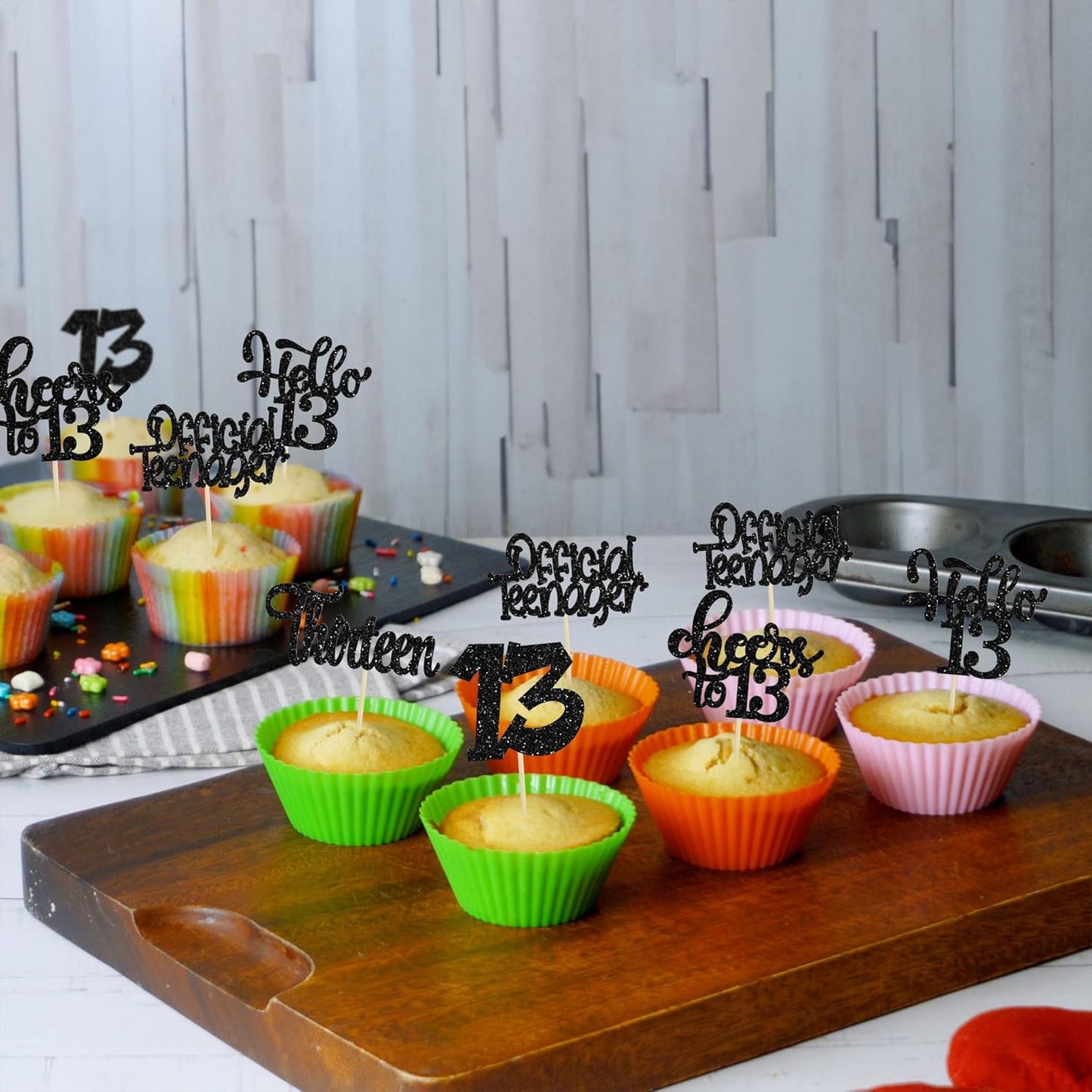 30Pcs 13th Birthday Cupcake Toppers Hello 13 Cupcake Picks Official Teenager Cheers to 13 Years Old Cake Decorations for 13th Birthday Anniversary Party Supplies Black Glitter
