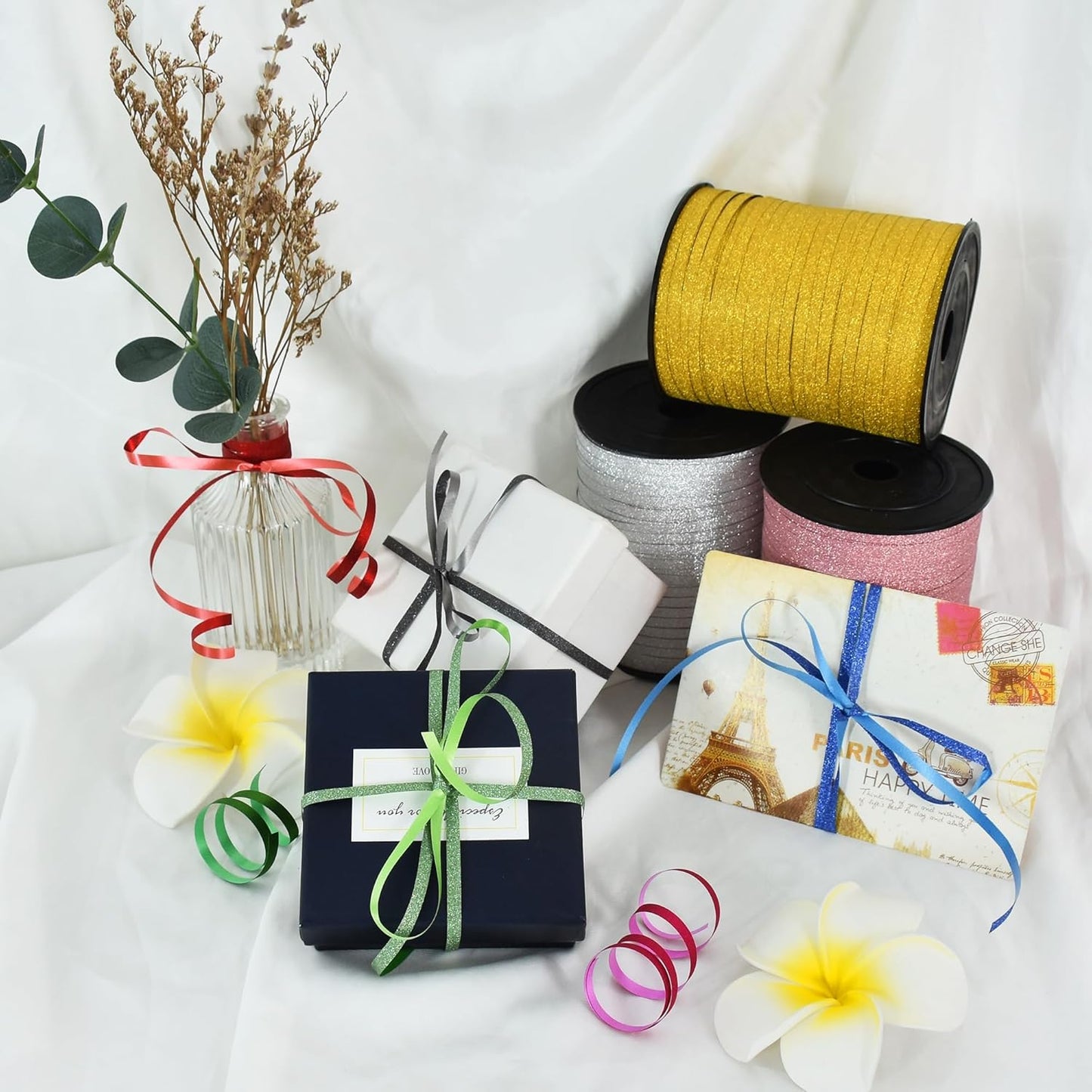 BEISHIDA Gold Glitter Ribbon - 500 Yards Curling Crimped, Shiny for Gift Wrapping, Birthday Party, Festival, Art Craft, Florist Flowers Decoration