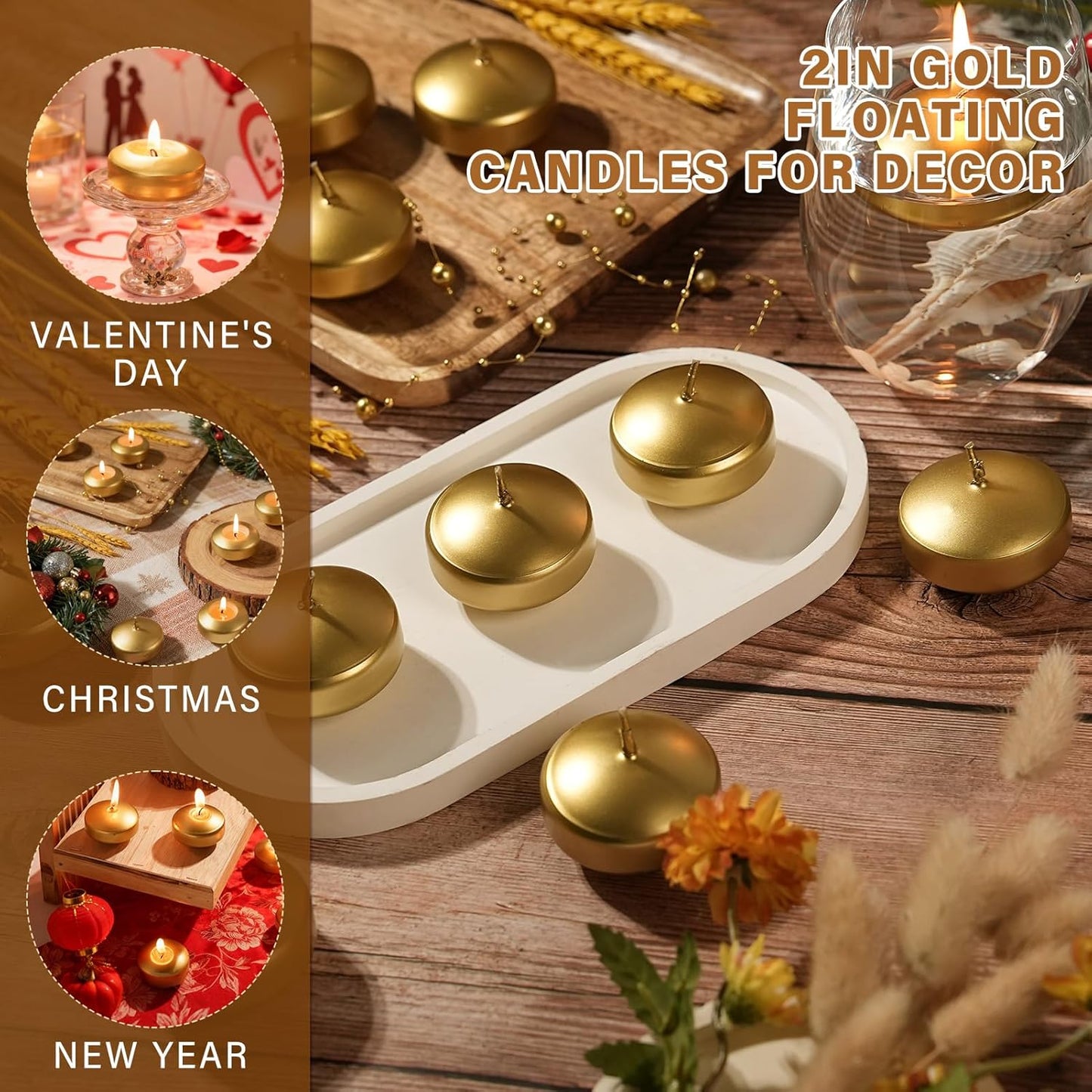 2 inch Gold Floating Candles, 48 Pack Unscented Floating Candles for Centerpieces,5-6 Hours Water Activated Candle Bulk for Cylinder Vases Wedding Pool