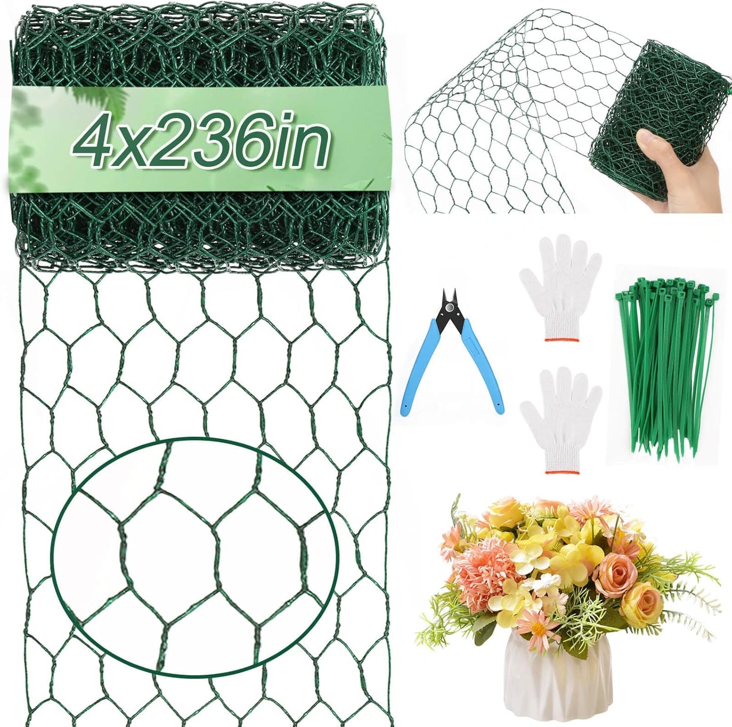 4 × 236 in Floral Wire Netting, Green Chicken Wire for Floral Arrangements, Galvanized Coated Chicken Mesh Netting with Plier & Plant Ties for Floral Supplies | Garden Fencing | DIY Craft