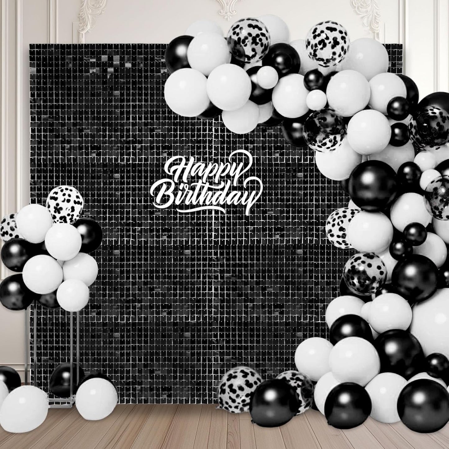 24PCS Black Shimmer Wall Backdrop, Square Sequin Backdrops Panel, Glitter Wall Background for Birthdays, Weddings, Graduation, Engagements, Disco Bachelorette Party Decoration (4FTx6FT)