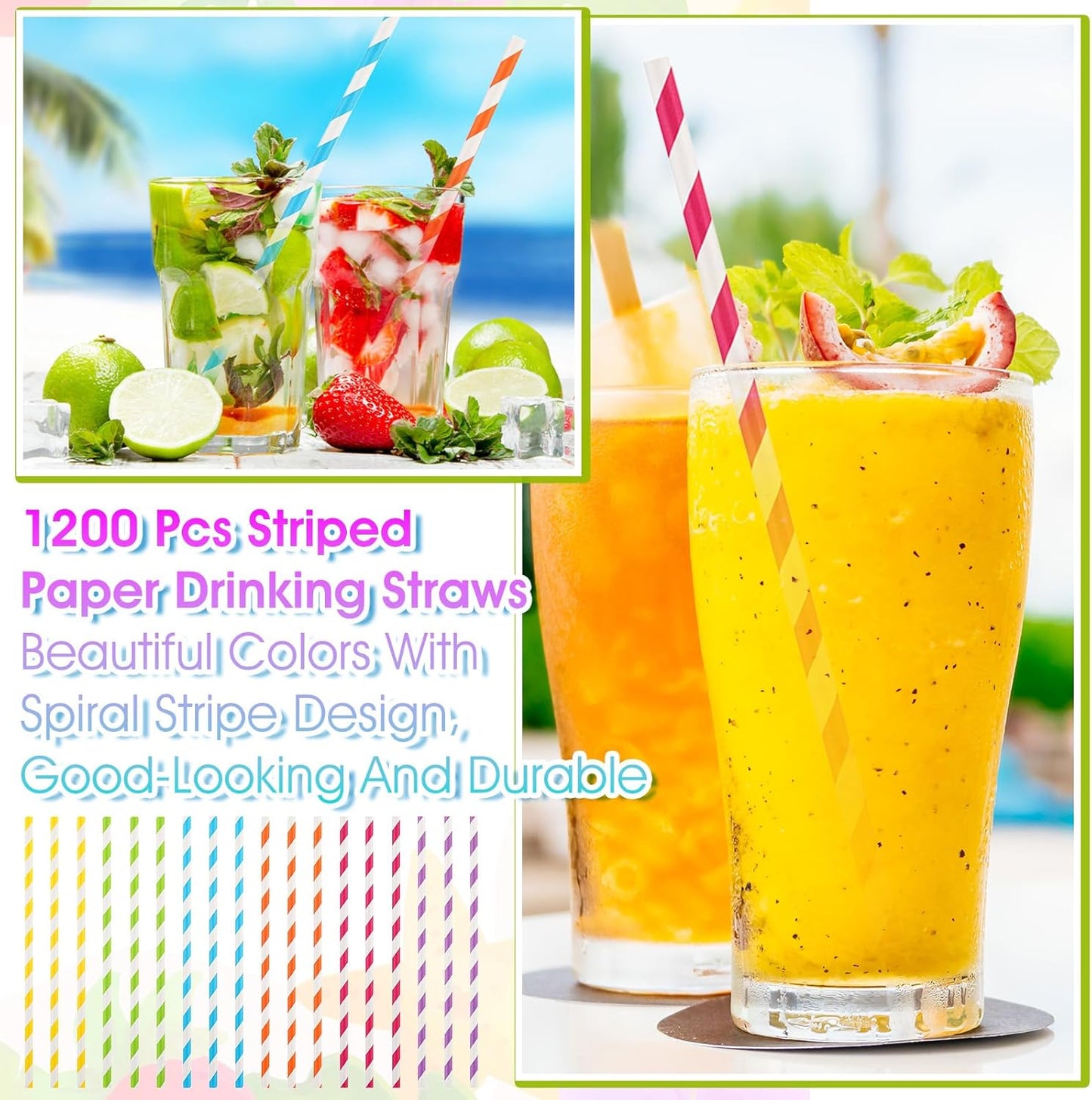 [1200 Pack] Striped Paper Drinking Straws，Sturdy & Non-Soggy，Food-Safe Ink, and Multi-Layered for Long-Lasting Use，Vibrant Assorted Colors for Summer Juice, Shakes, Cocktail,7.87 Inches