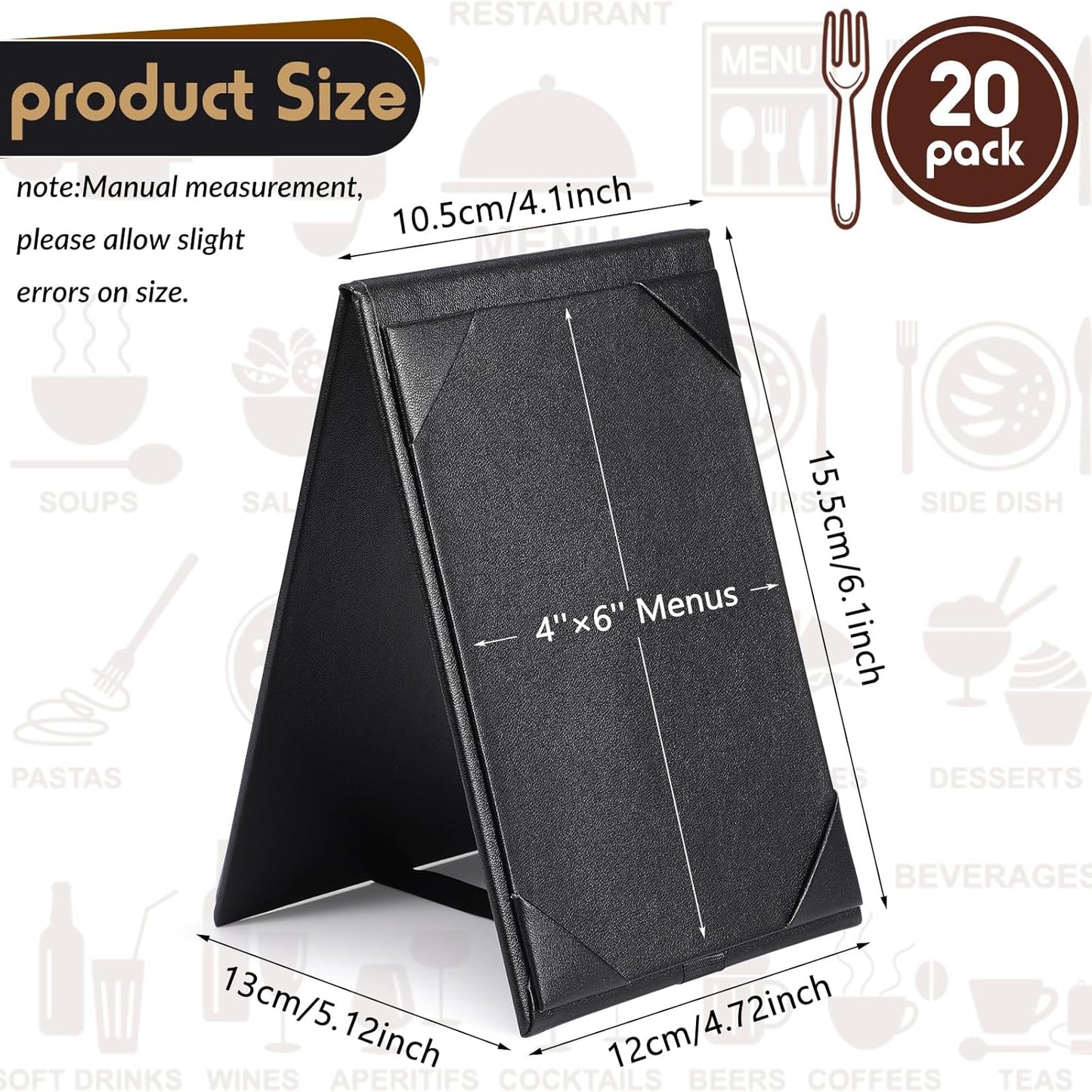 Gerrii Leatherette Table Tents Black PU Leather Menu Covers Bulk Double Sided Frame Sign Holders 2 Side Drink Dessert Menu Folders for Restaurant Coffee Cafe Bar Wedding Supplies(20 Pack,4 x 6 Inch)