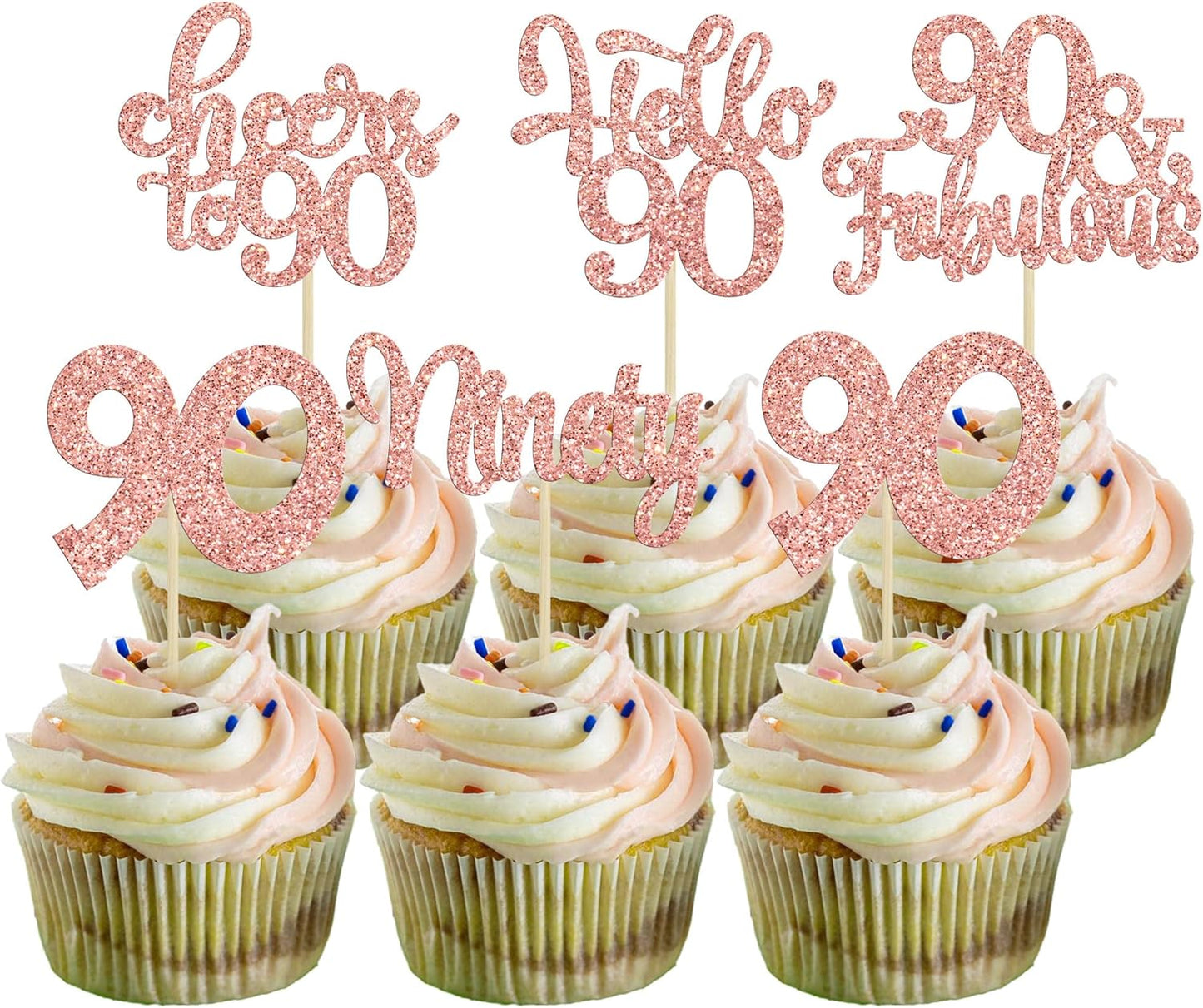Gyufise 30pcs Happy 90th Birthday Cupcake Toppers - Rose Gold Glitter Ninety Cheers to 90 Years Old Cupcake Picks for Anniversary Party Cake Decorations