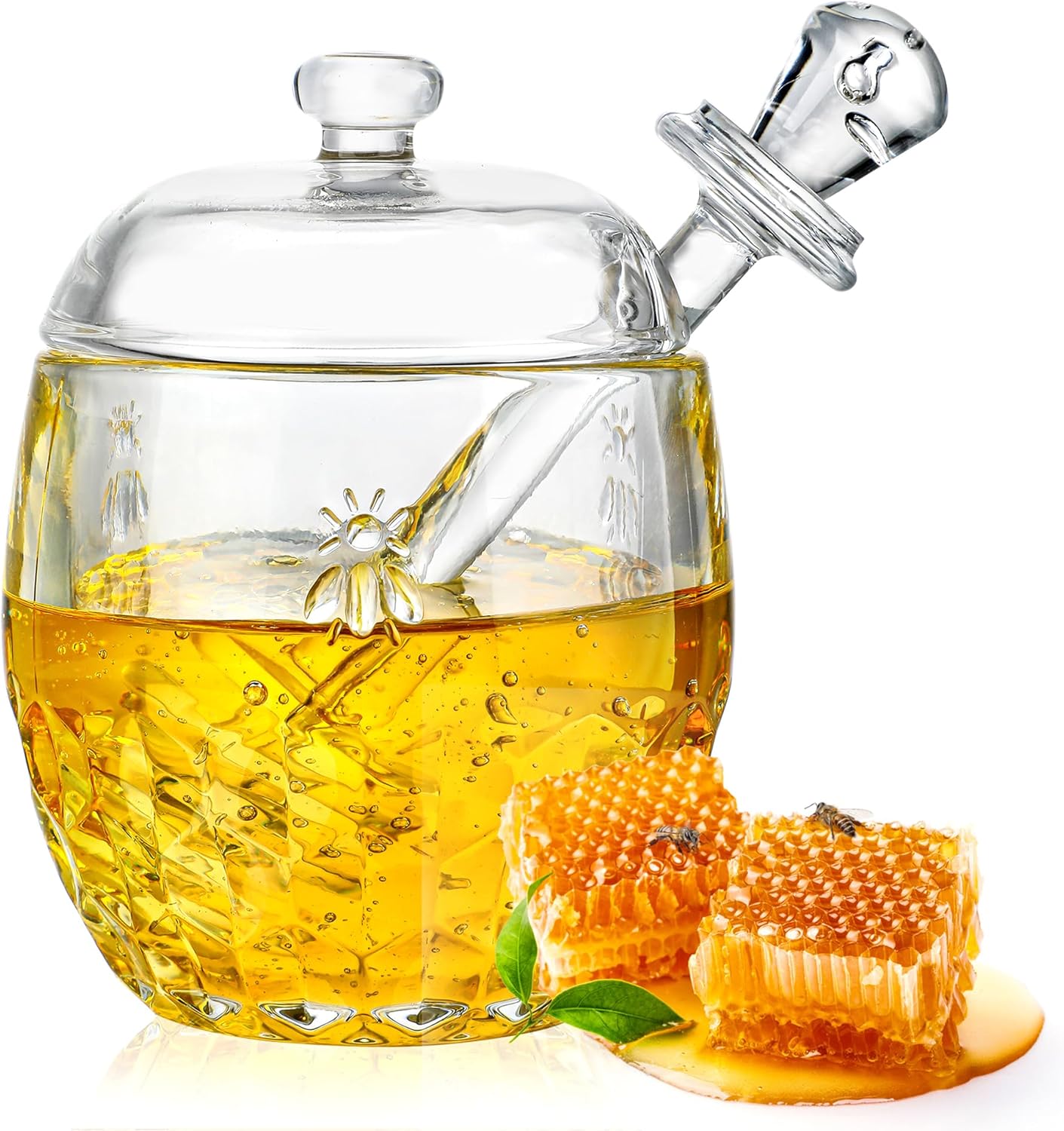 kanpura Honey Pot with Dipper and Lid Glass Honey Jar with Dipper Wide Mouth Honey Containers Airtight Syrup Honey Dispenser for Home Kitchen(7.5 OZ)